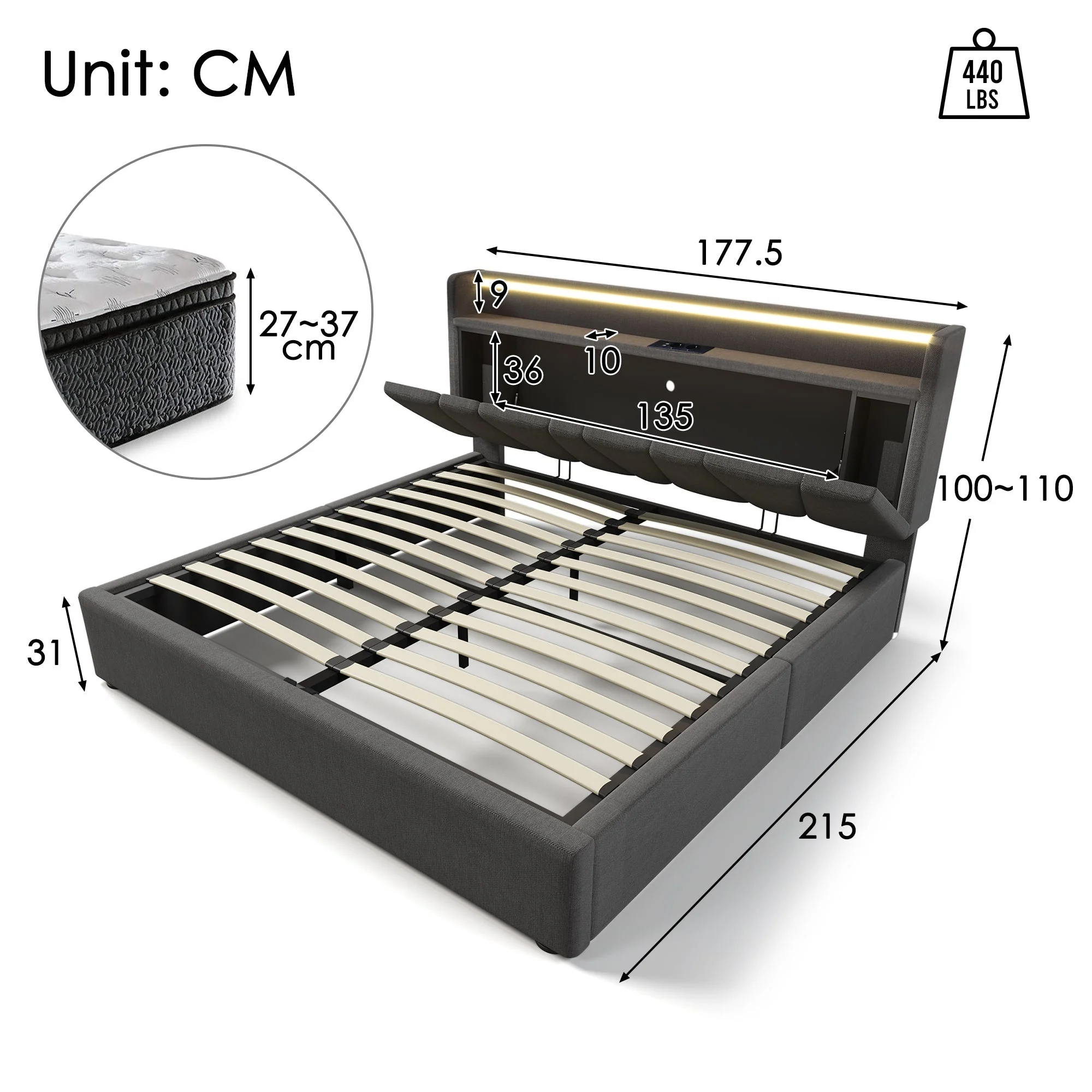 Upholstered Double Bed, USB Charging, Storage Headboard & LED, 160x200cm, Gray - Image 4