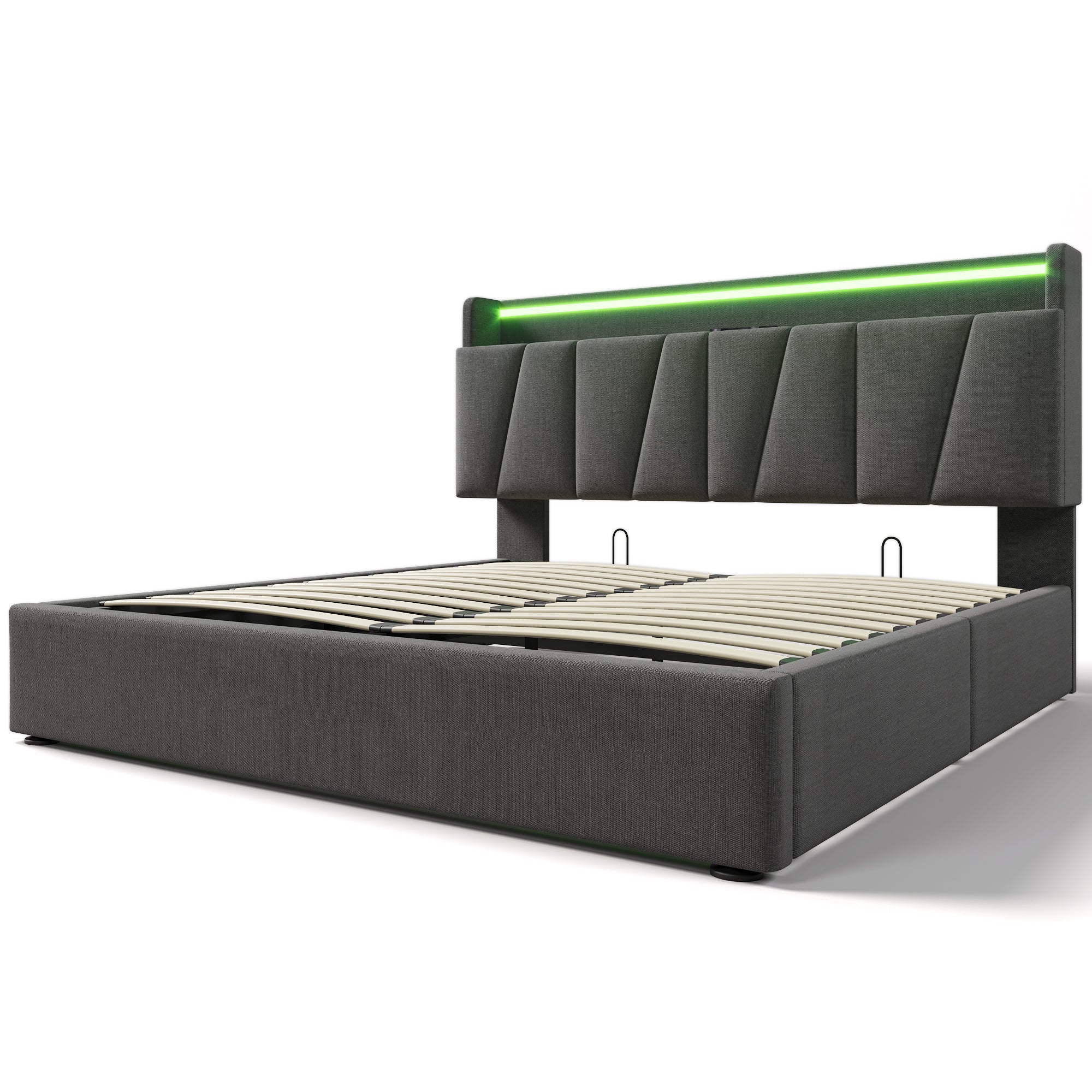 Upholstered Double Bed, USB Charging, Storage Headboard & LED, 160x200cm, Gray - Image 5