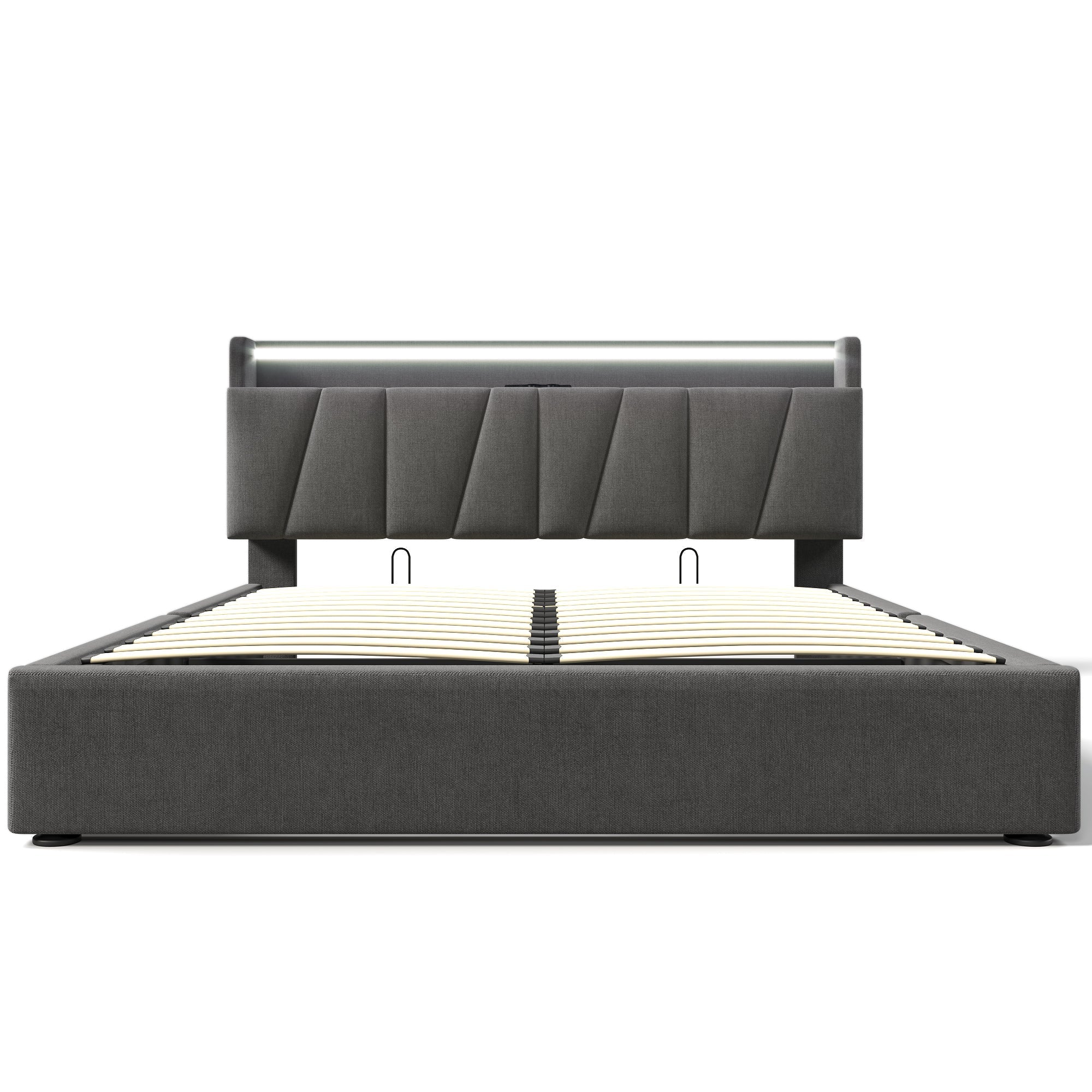 Upholstered Double Bed, USB Charging, Storage Headboard & LED, 160x200cm, Gray - Image 7