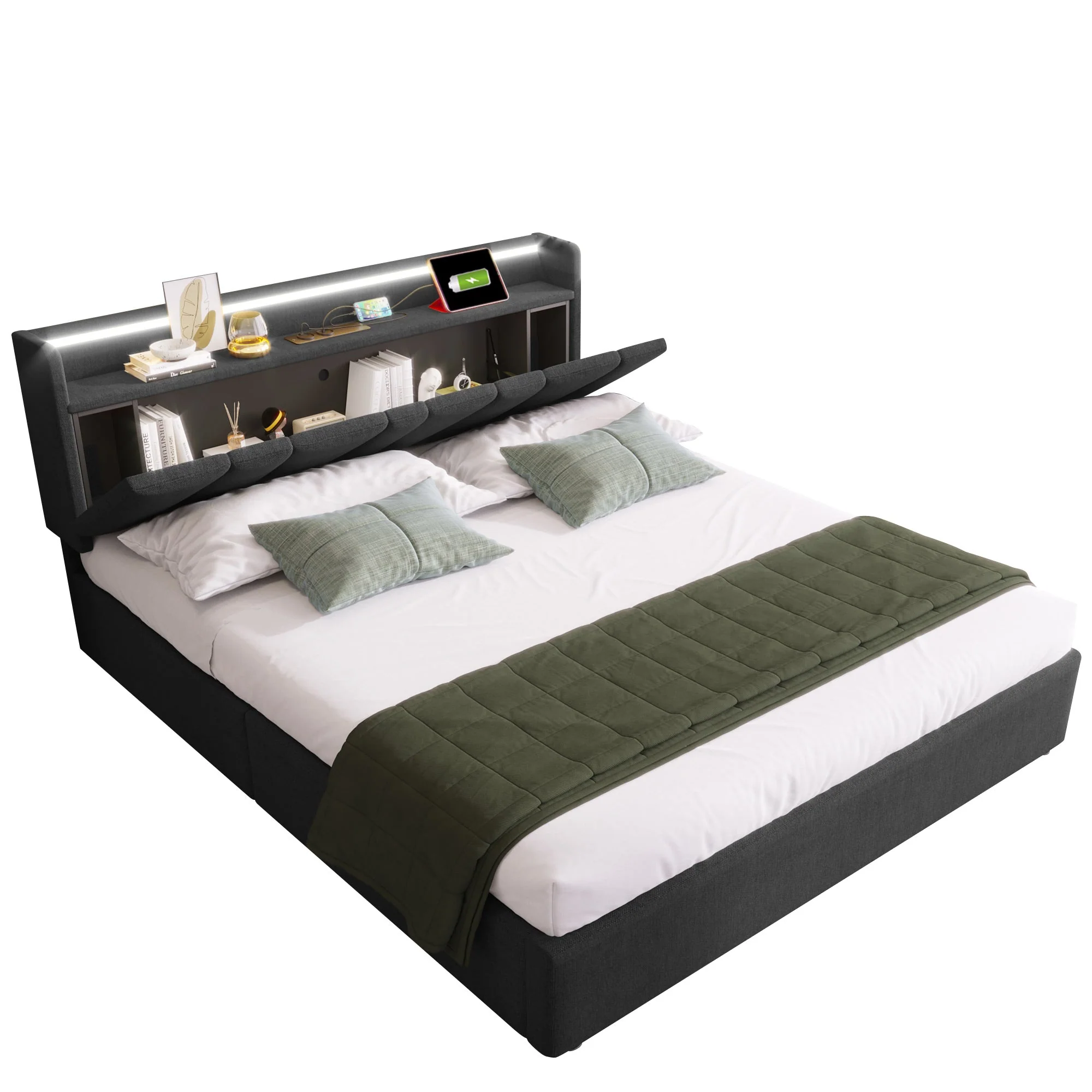 Upholstered Double Bed, USB Charging, Storage Headboard, LED Lighting, 5ft King Size, Grey - Image 7