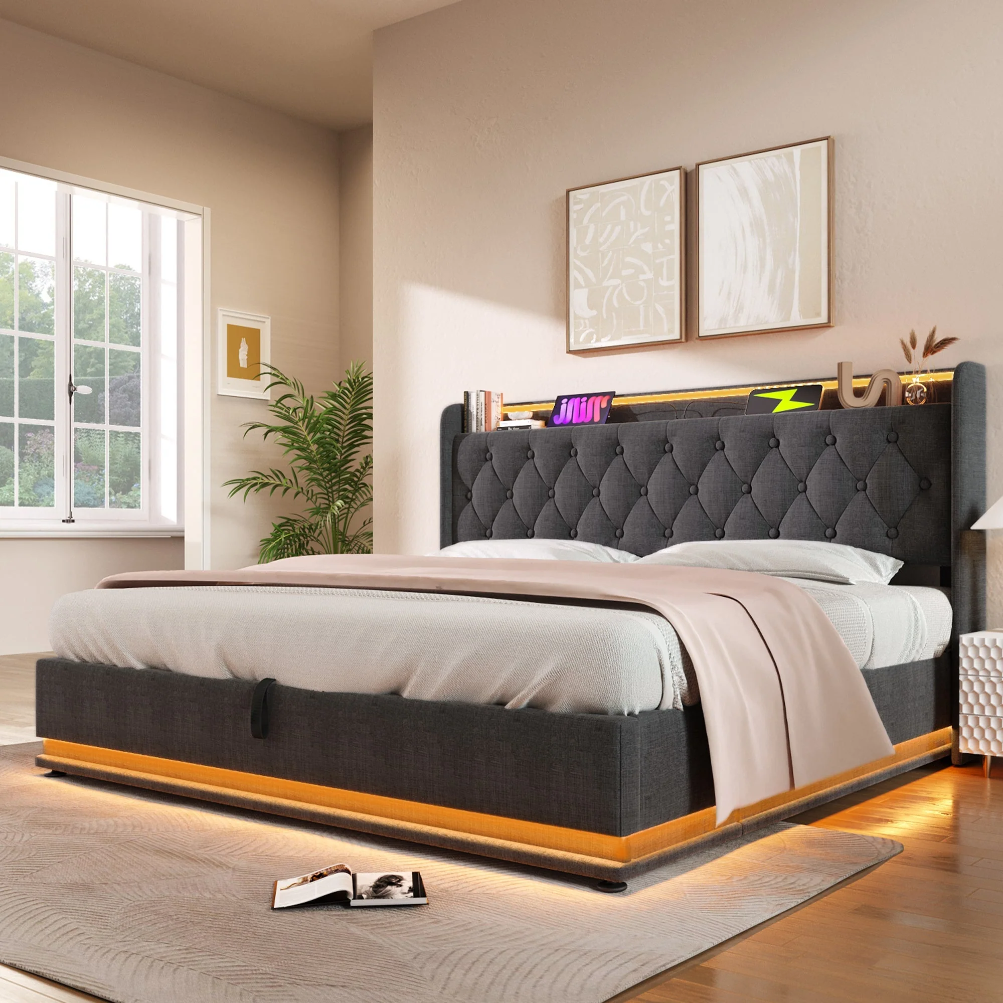 Upholstered Double Bed with 360-degree LED Lighting, Hydraulic Storage, USB Type-C and Padded Headboard, 140x190cm, Grey Linen - Image 9