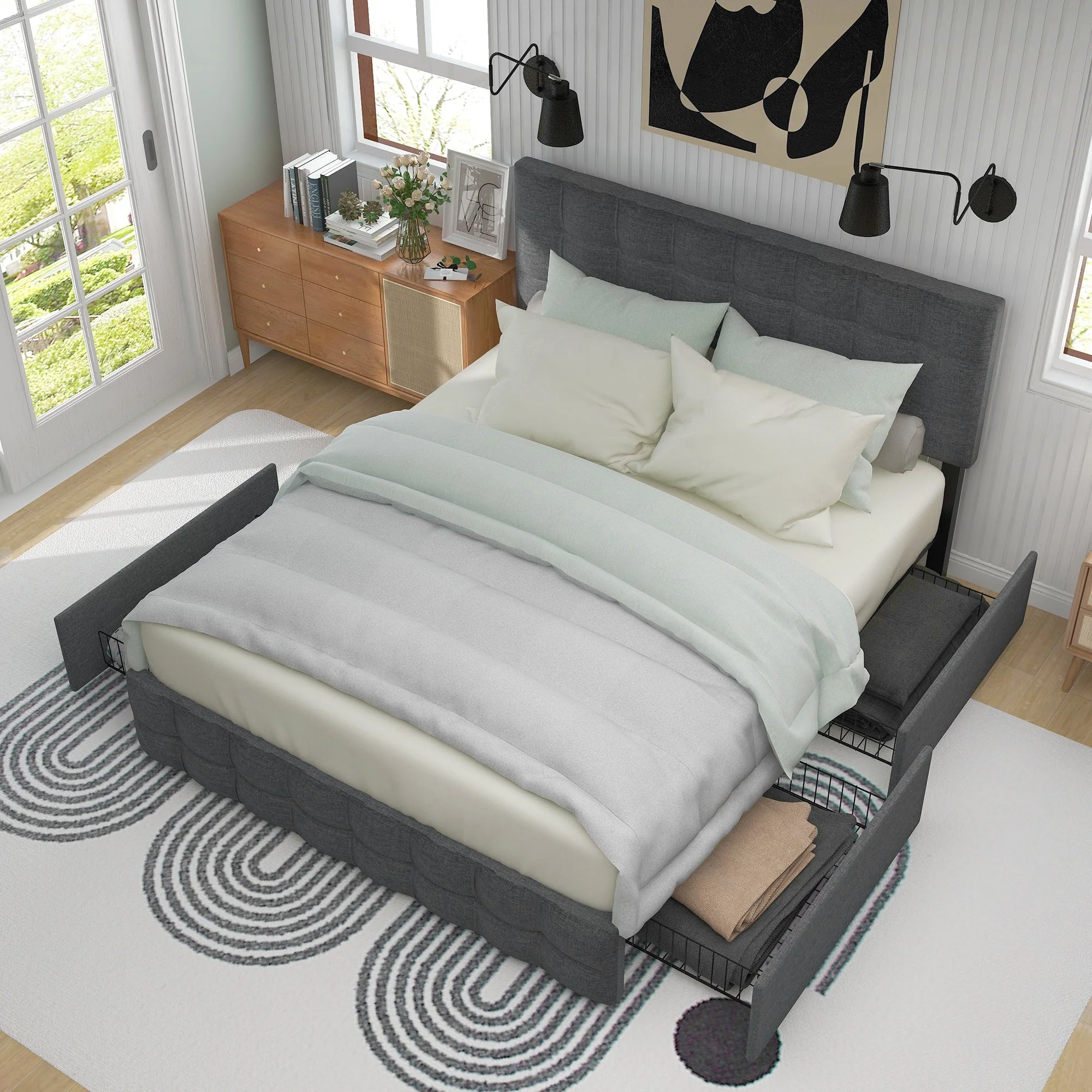 Upholstered Double Bed with 4 Drawers, Adjustable Headboard and Mattress, 140x200cm, Grey Linen - Image 4