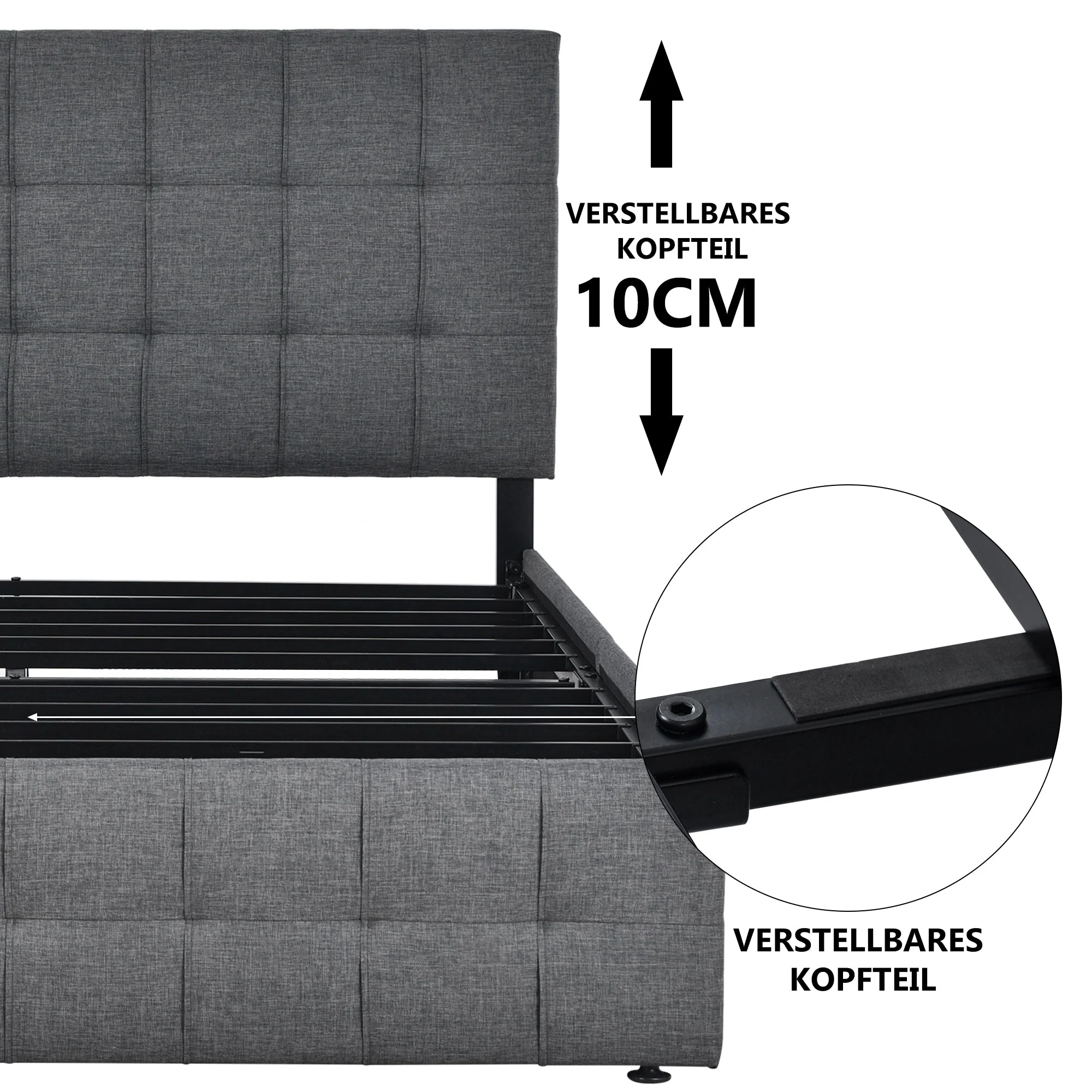 Upholstered Double Bed with 4 Drawers, Adjustable Headboard and Mattress, 140x200cm, Grey Linen - Image 9