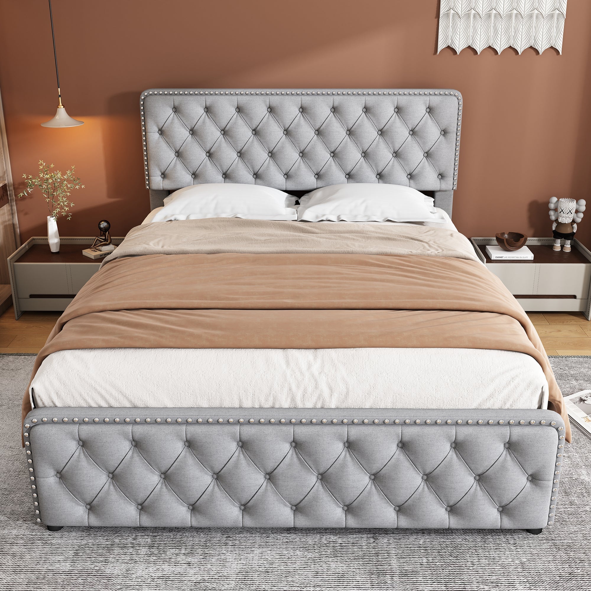 Upholstered Double Bed with 4 Drawers and Height-Adjustable Headboard, 140x190cm, Light Grey Linen - Image 5