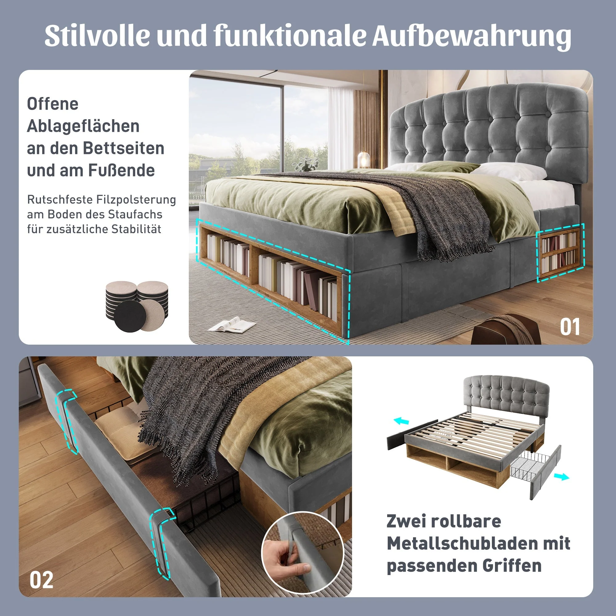 Upholstered Double Bed with Drawers, Storage and Adjustable Headboard, 140x190cm, Grey Velvet - Image 4