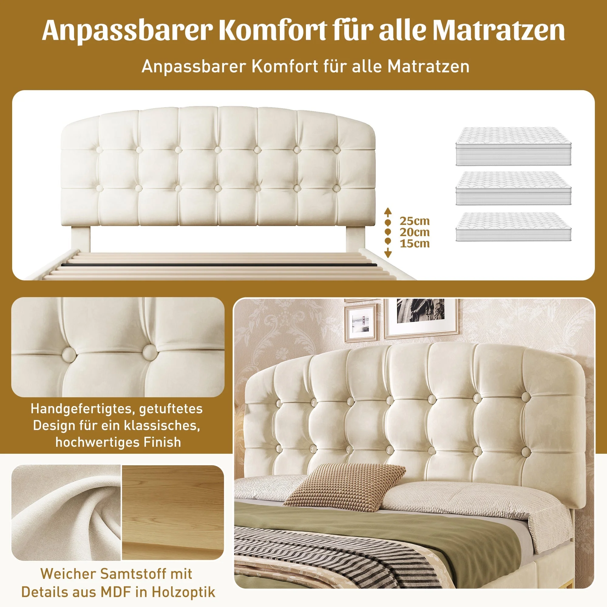 Upholstered Double Bed with Drawers, Storage and Adjustable Headboard, 140x200cm, Beige Velvet - Image 3