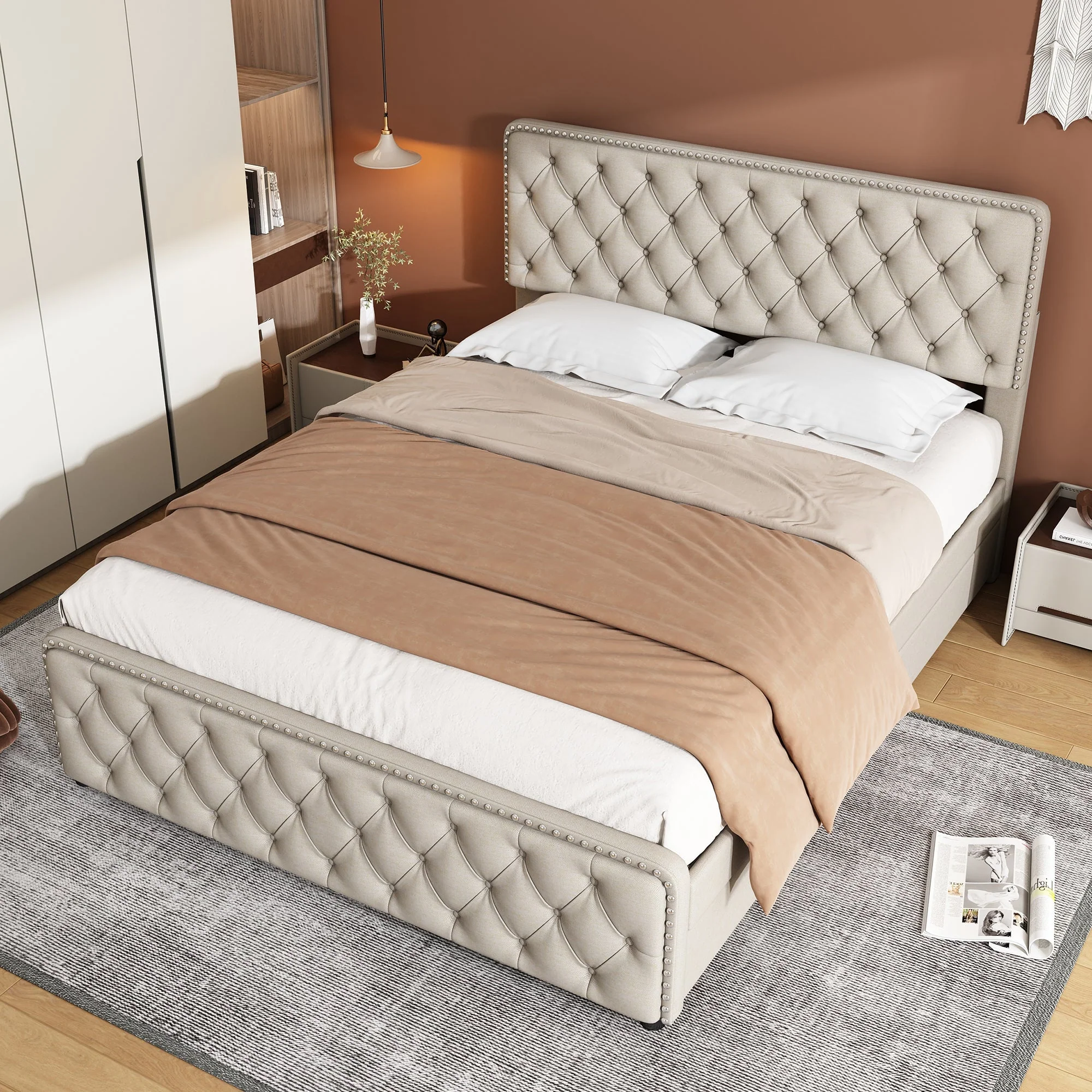 Upholstered Double Bed with Four Drawers and Height-Adjustable Headboard, 180x200cm, Beige Linen - Image 3