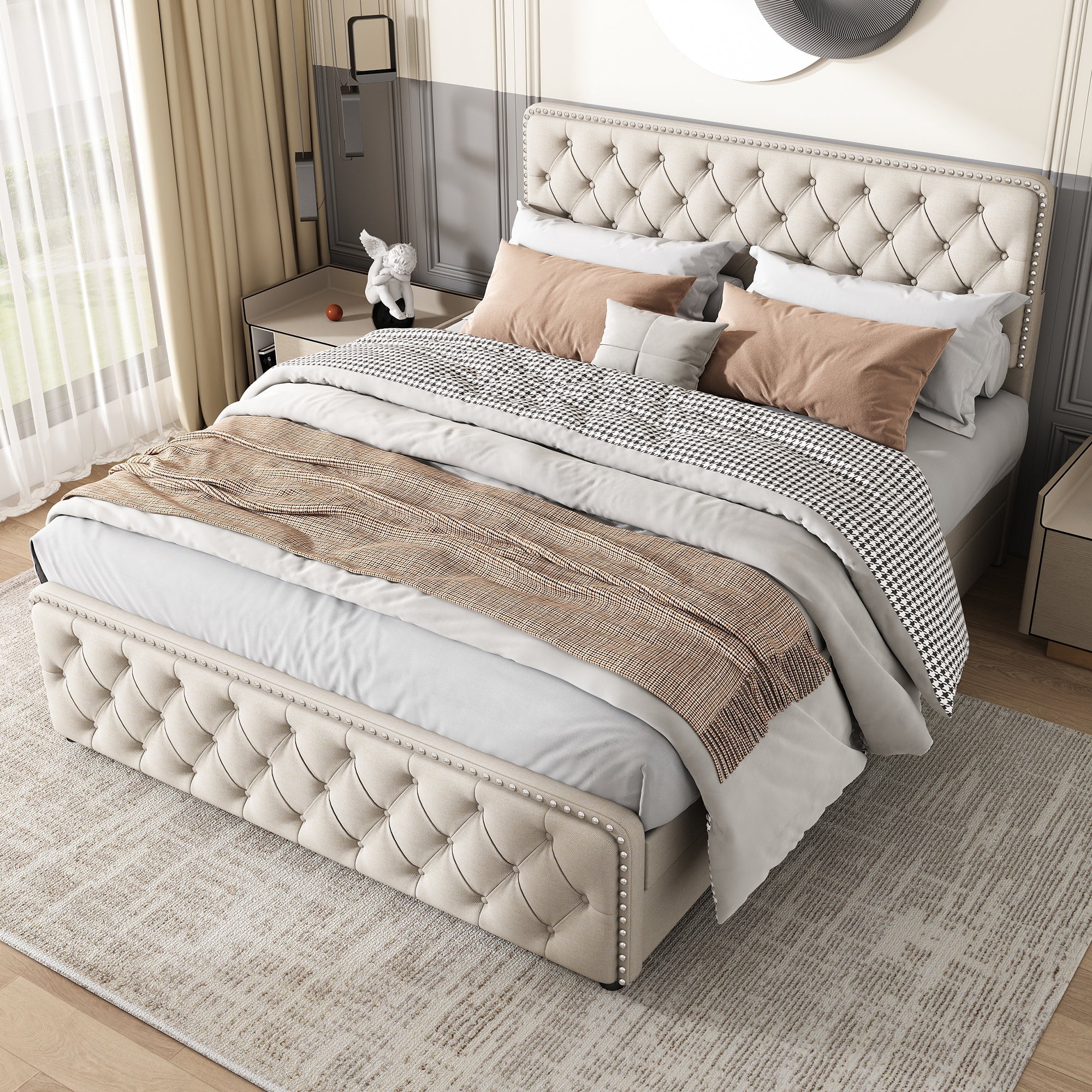 Upholstered Double Bed with Four Drawers and Height-Adjustable Headboard, 180x200cm, Beige Linen - Image 6