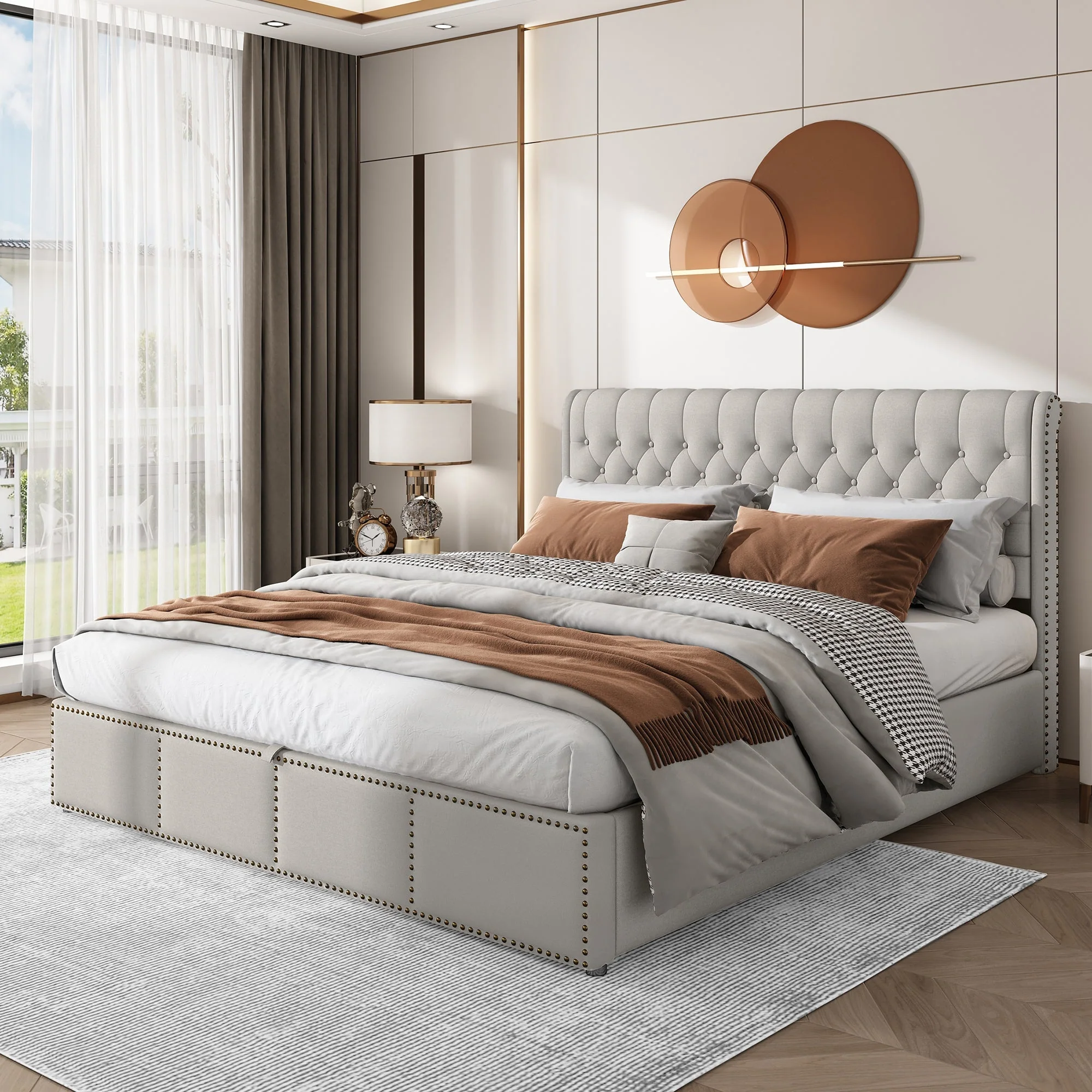 Upholstered Double Bed with Hydraulic Lift & Storage, Rivet Decoration, Velvet Light Grey - Image 2