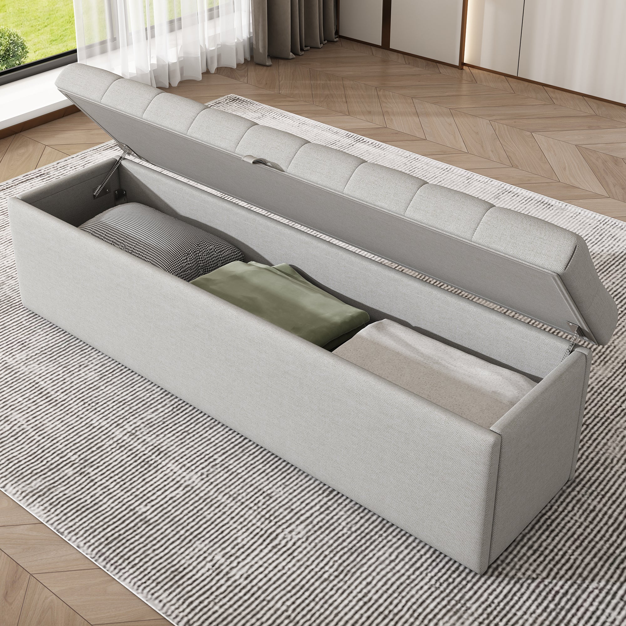 Upholstered Double Bed with Hydraulic Lift & Storage, Rivet Decoration, Velvet Light Grey - Image 5