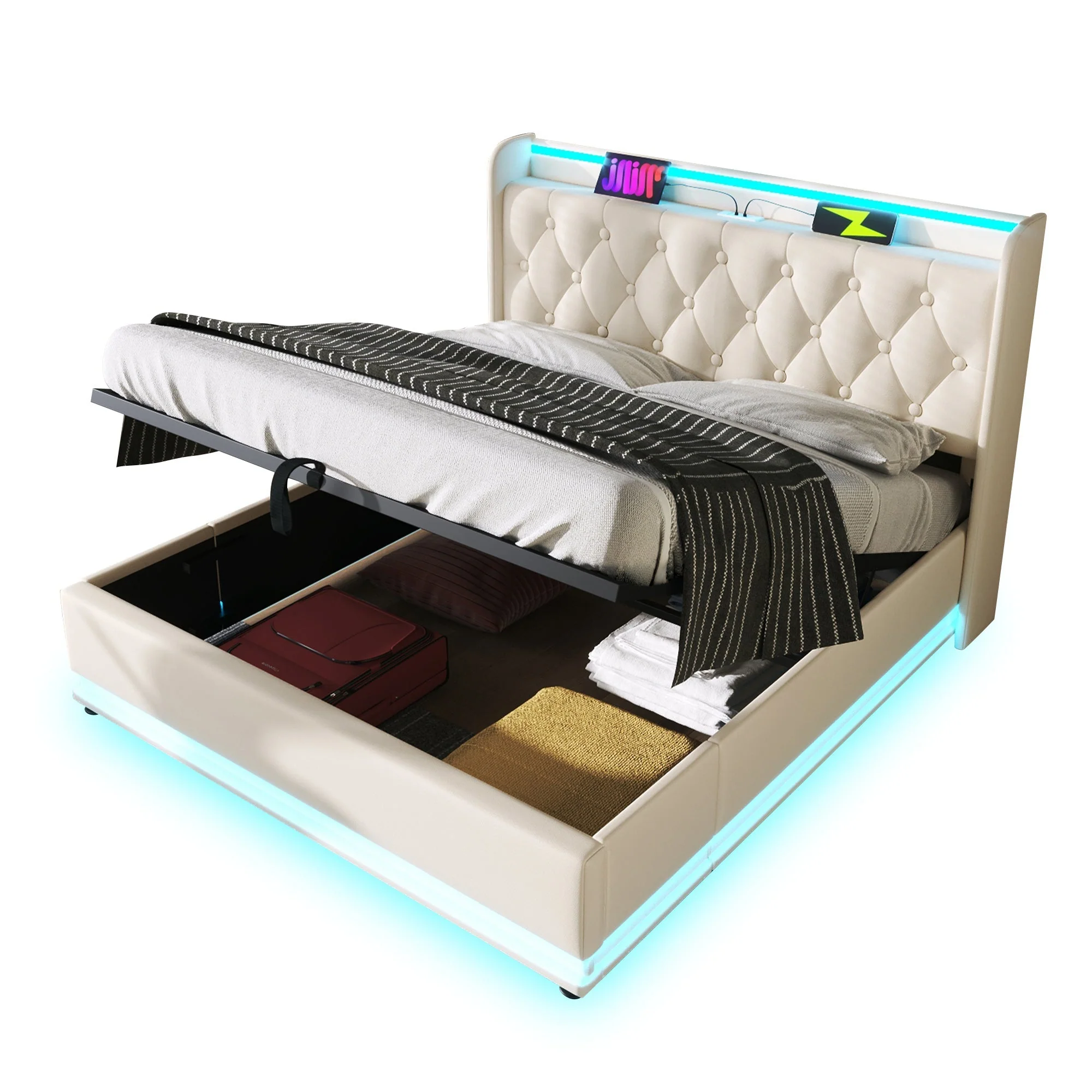Upholstered Double Bed with Hydraulic Storage, 360° LED and USB Type-C, 140x190cm, White PU Leather - Image 6