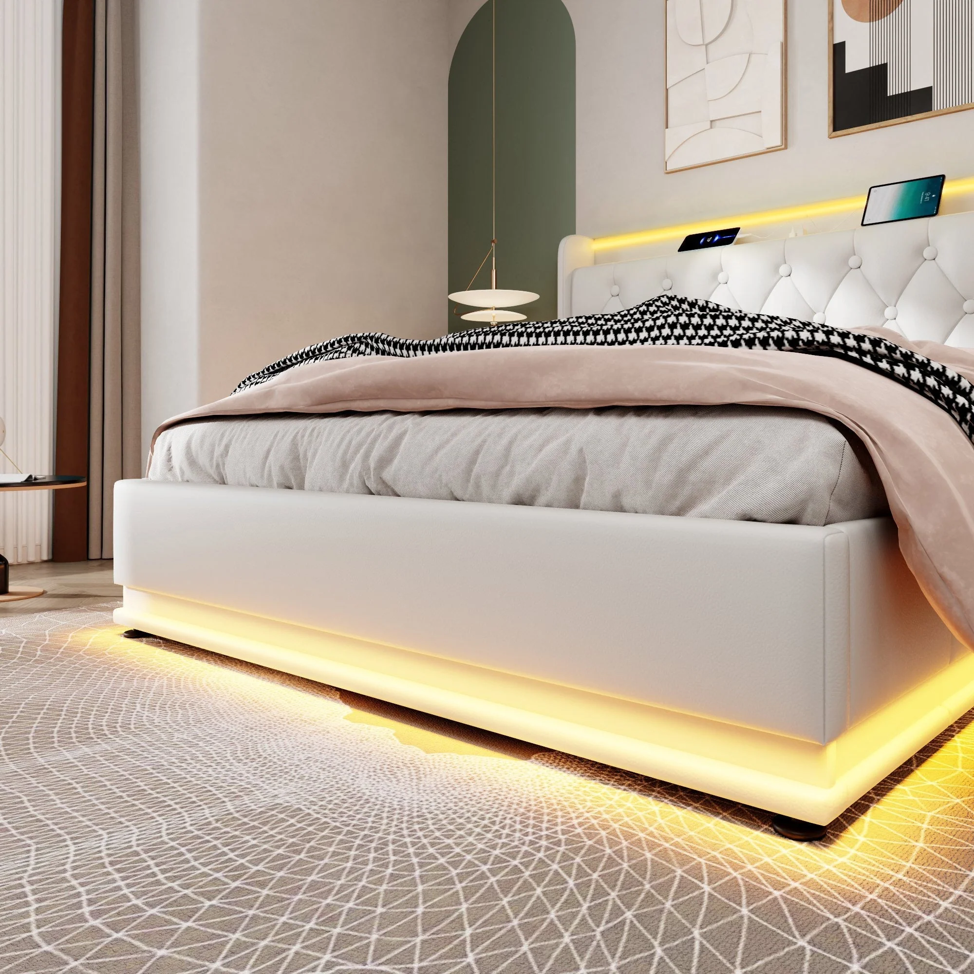 Upholstered Double Bed with Hydraulic Storage, 360° LED and USB Type-C, 140x190cm, White PU Leather - Image 8