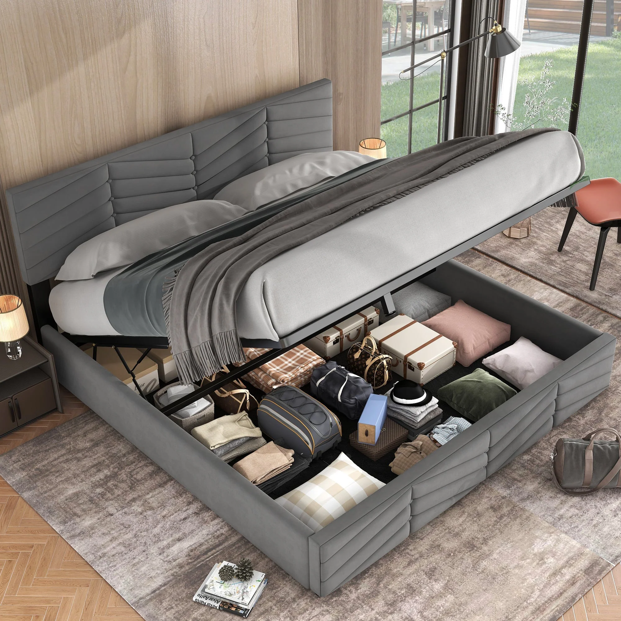 Upholstered Double Bed with Hydraulic Storage and Adjustable Headboard, 160x200cm, Grey Velvet - Image 4