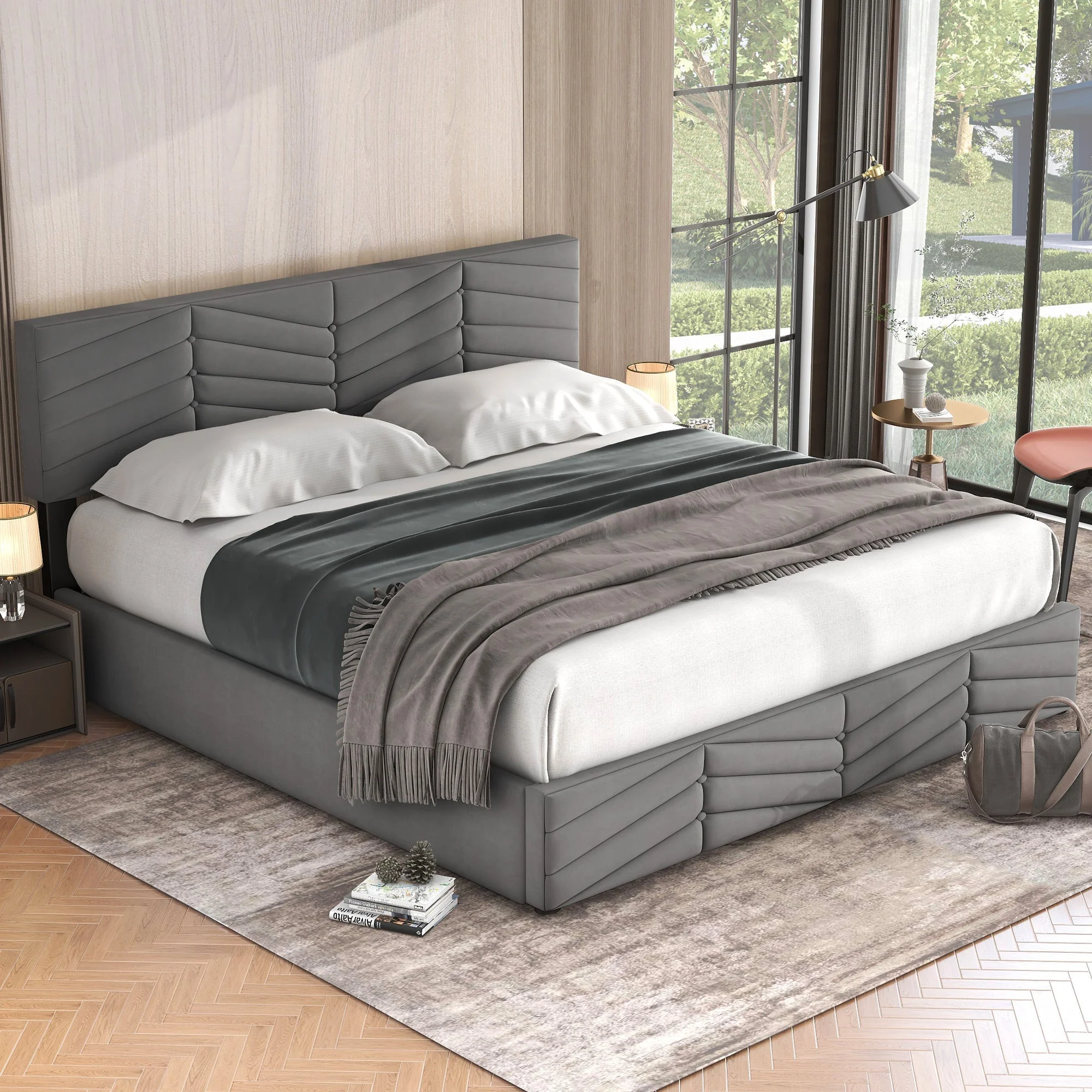 Upholstered Double Bed with Hydraulic Storage and Adjustable Headboard, 160x200cm, Grey Velvet - Image 6