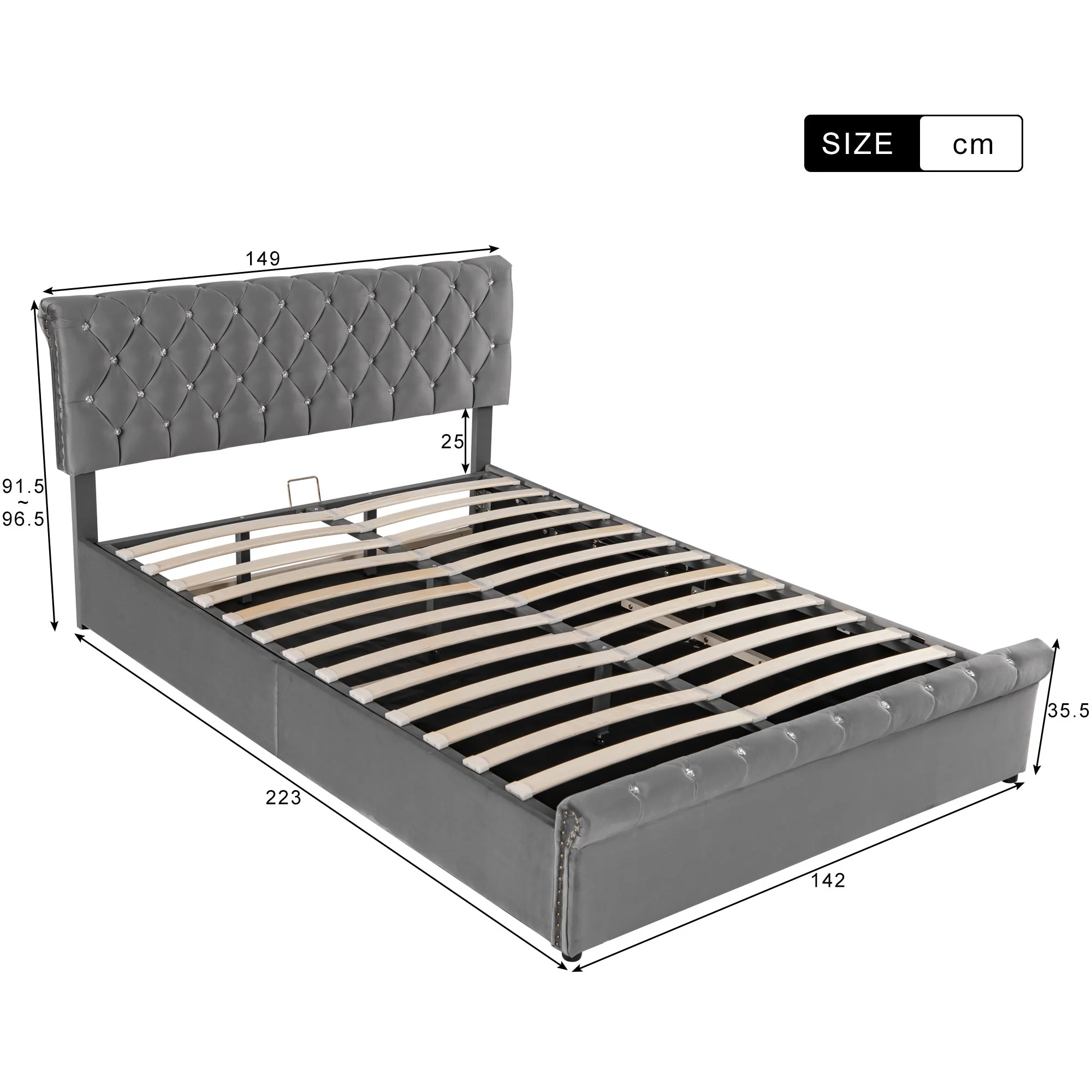 Upholstered Double Bed with Hydraulic Storage and Height-Adjustable Headboard, 140x200cm, Grey Velvet - Image 6