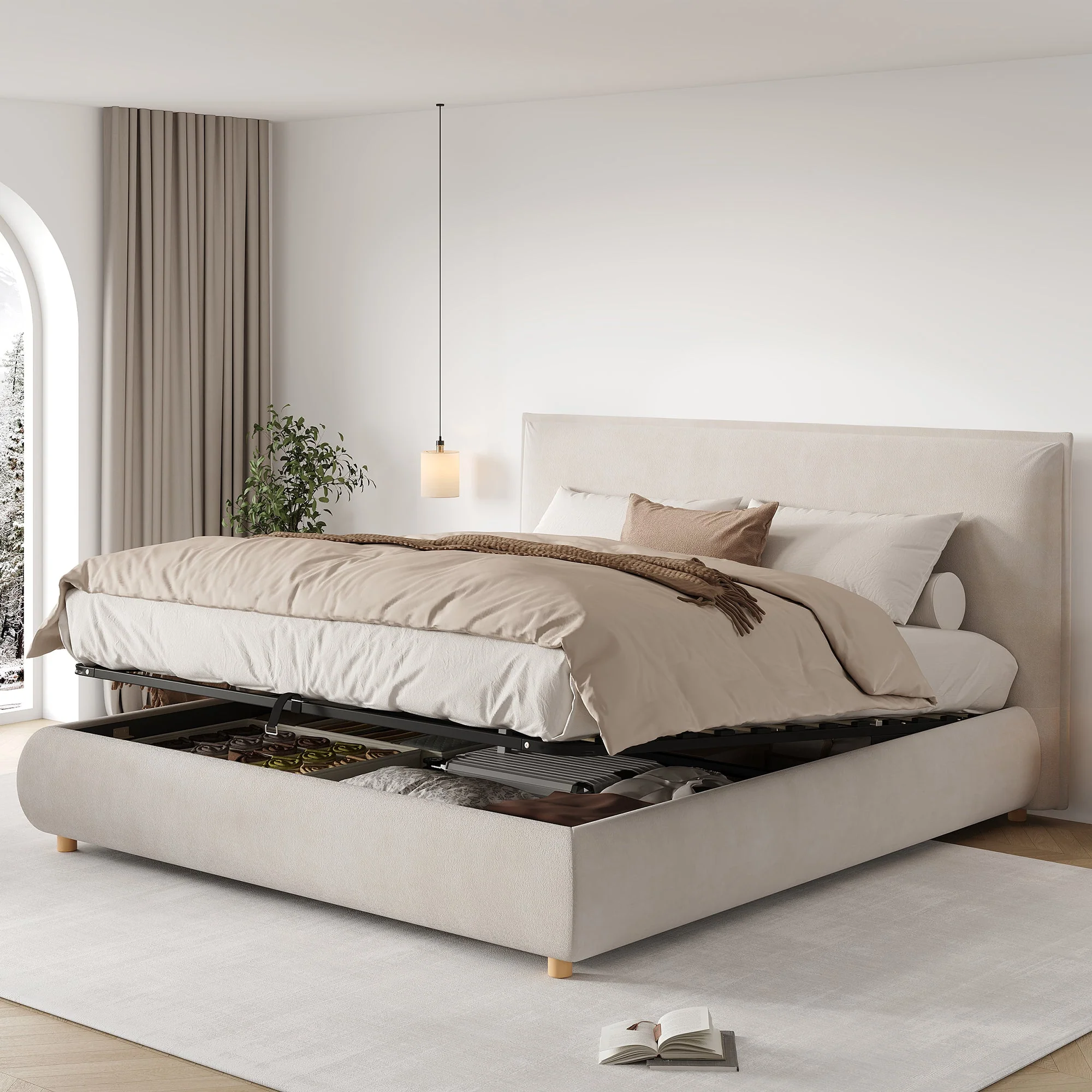 Upholstered Double Bed with Hydraulic Storage and Slatted Base, 180x200cm, Cream Velvet