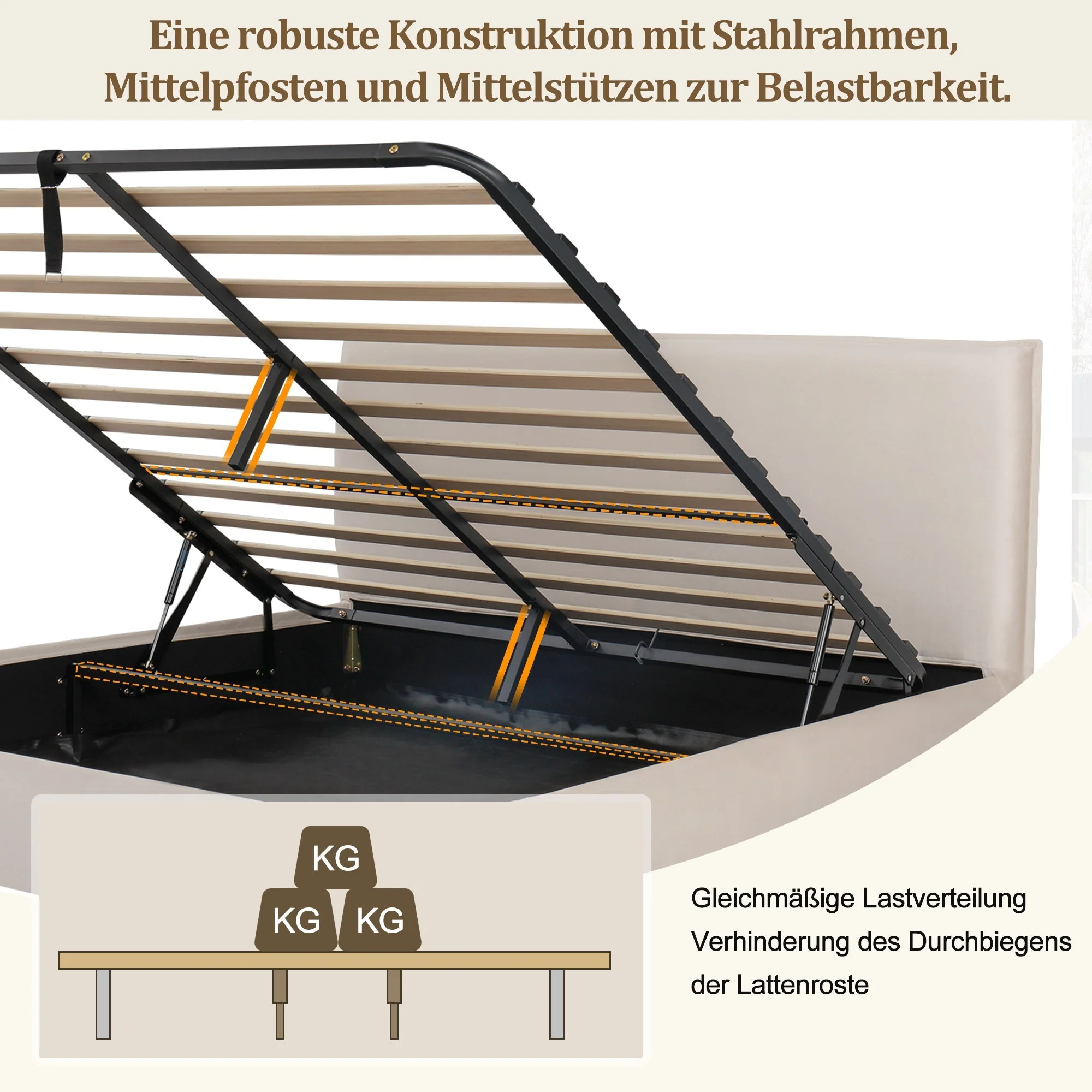 Upholstered Double Bed with Hydraulic Storage and Slatted Base, 180x200cm, Cream Velvet - Image 6