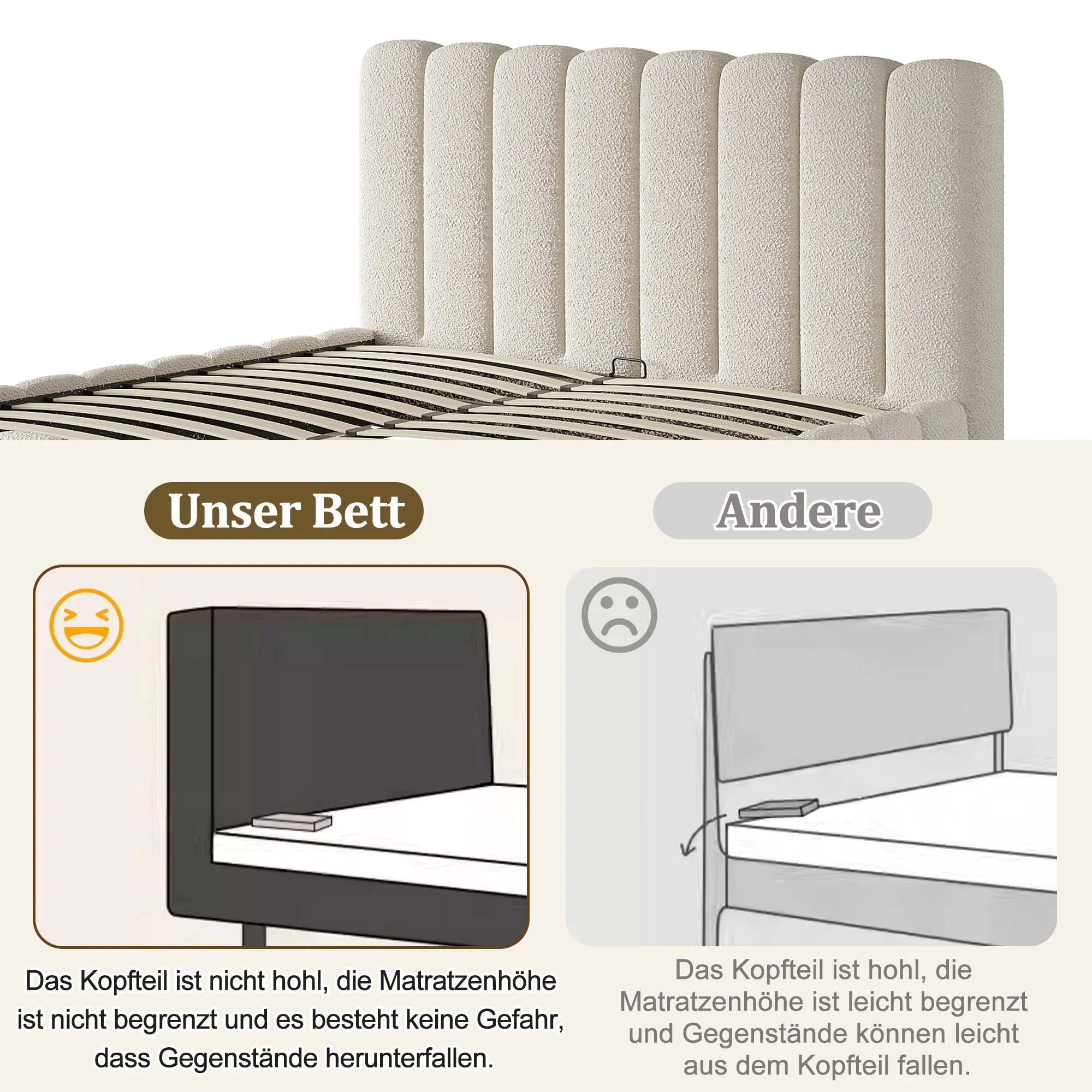 Upholstered Double Bed with Hydraulic Storage and Slatted Frame, 160x200cm, White Bouclé - Image 5