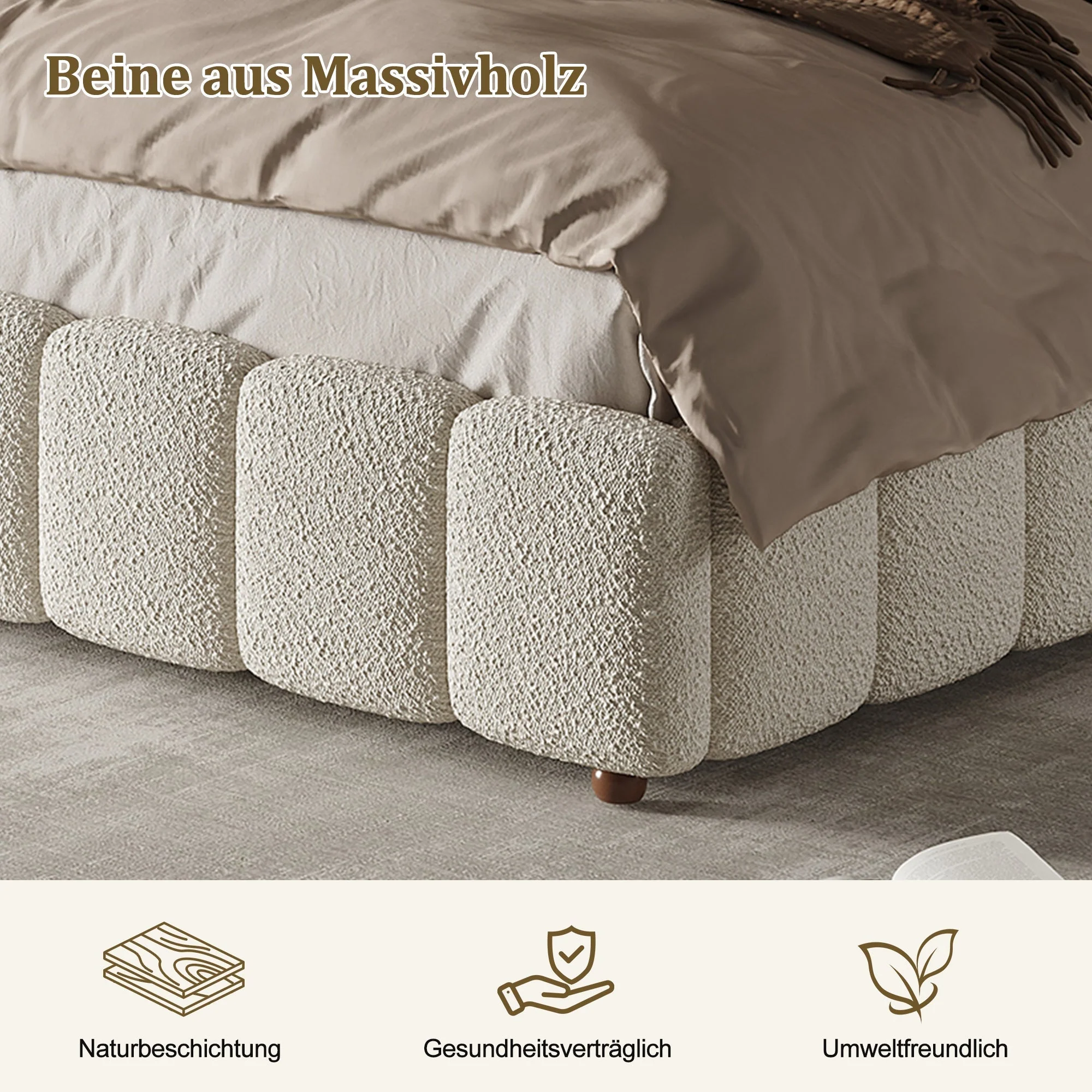 Upholstered Double Bed with Hydraulic Storage and Slatted Frame, 160x200cm, White Bouclé - Image 6