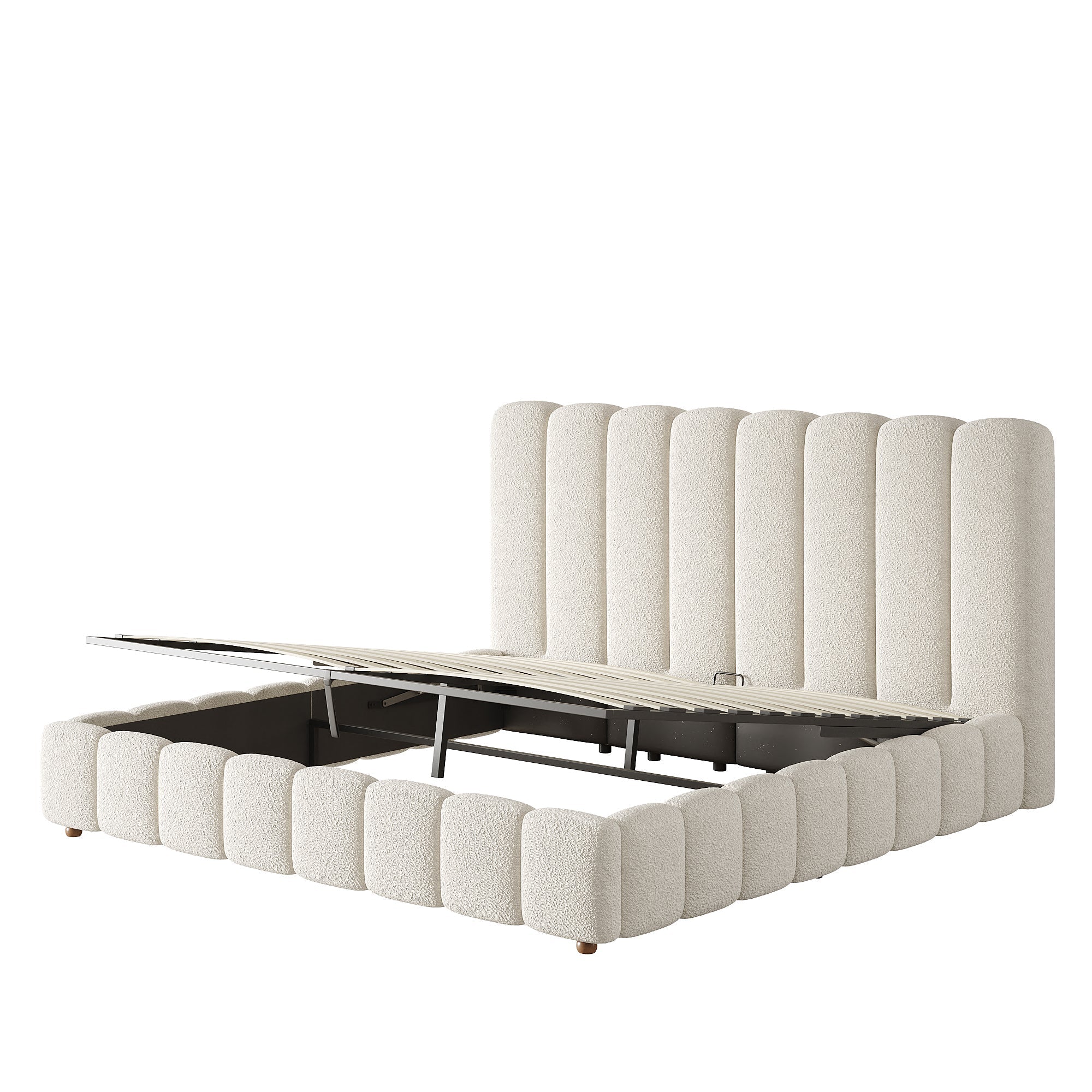 Upholstered Double Bed with Hydraulic Storage and Slatted Frame, 160x200cm, White Bouclé - Image 8