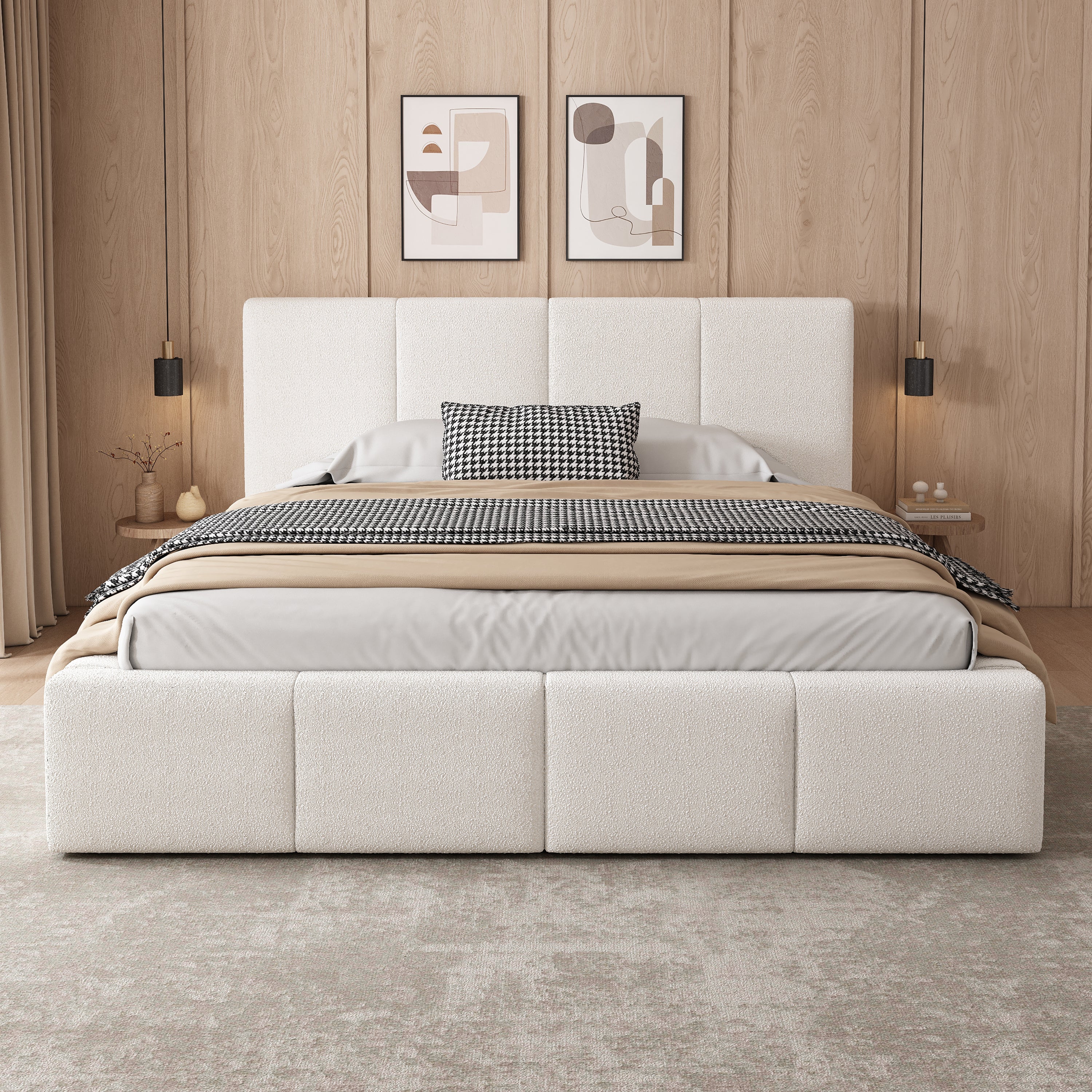 Upholstered Double Bed with Hydraulic Storage and Slatted Frame, 180x200cm, Beige Bouclé - Image 3