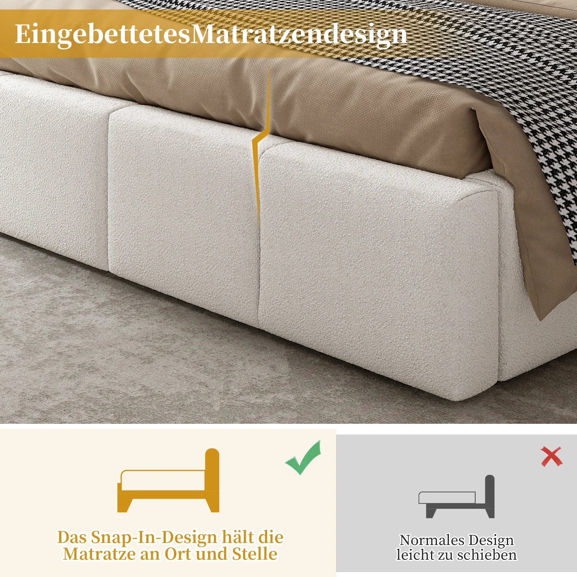 Upholstered Double Bed with Hydraulic Storage and Slatted Frame, 180x200cm, Beige Bouclé - Image 4