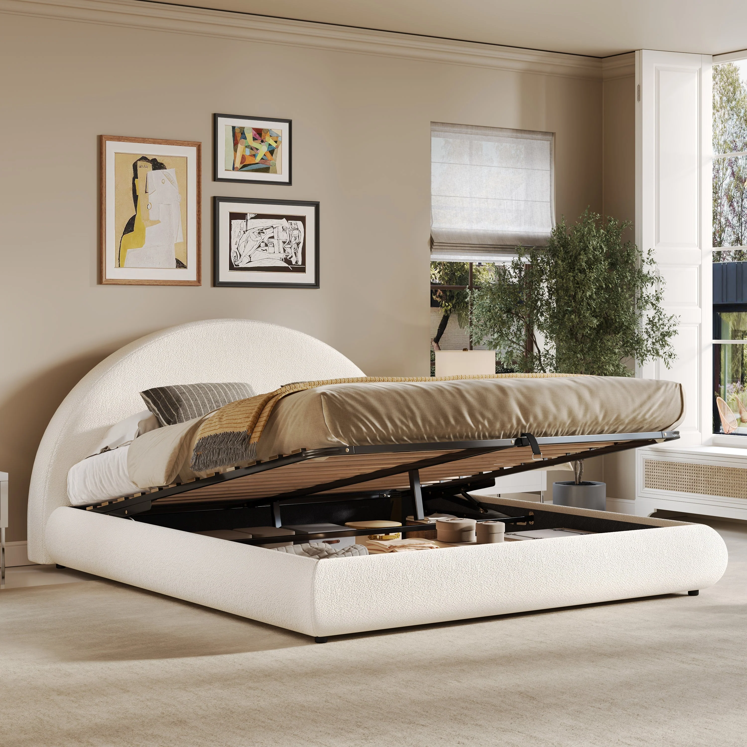Upholstered Double Bed with Hydraulic Storage and Slatted Frame, 180x200cm, White Bouclé