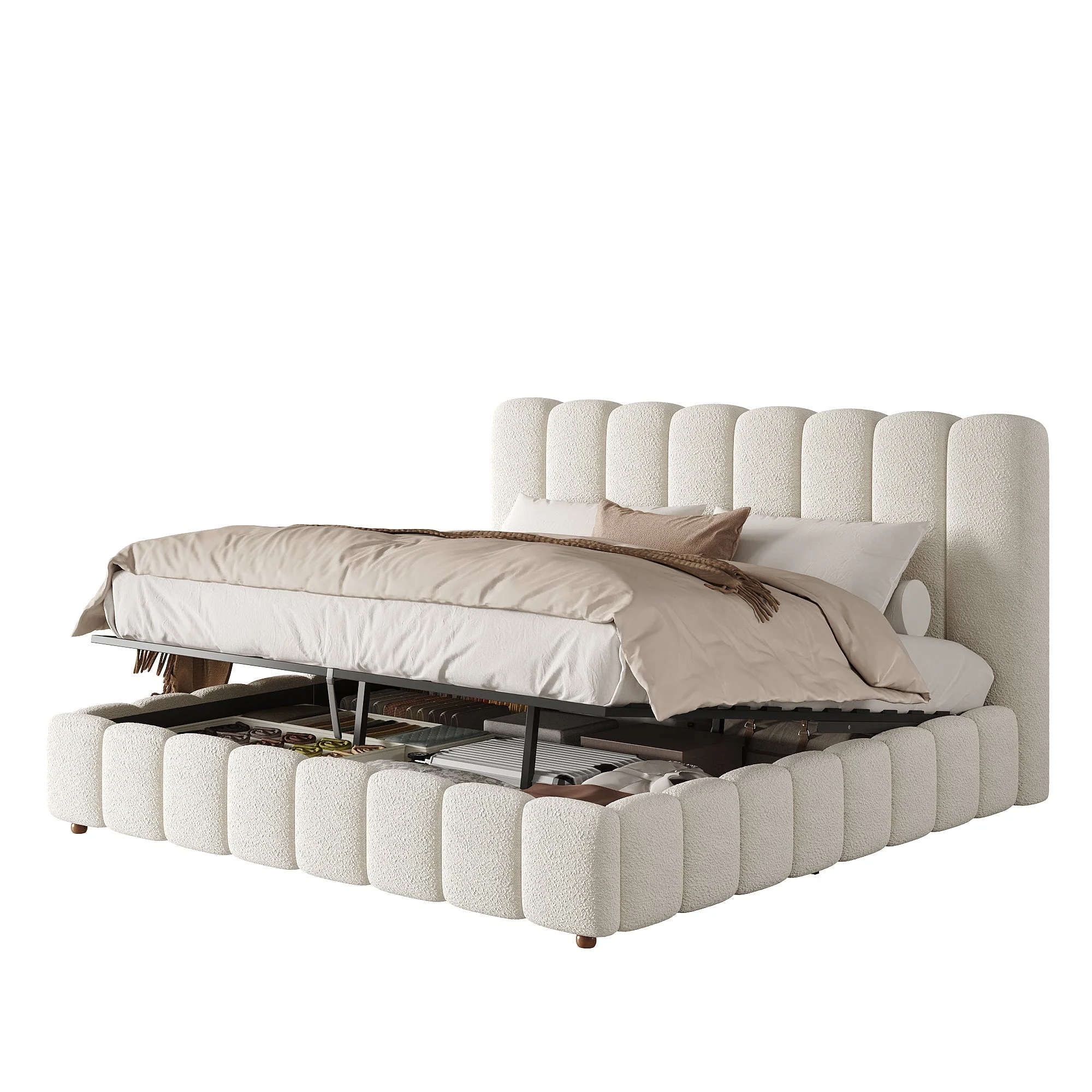 Upholstered Double Bed with Hydraulic Storage and Slatted Frame, 200x200cm, White Bouclé - Image 10