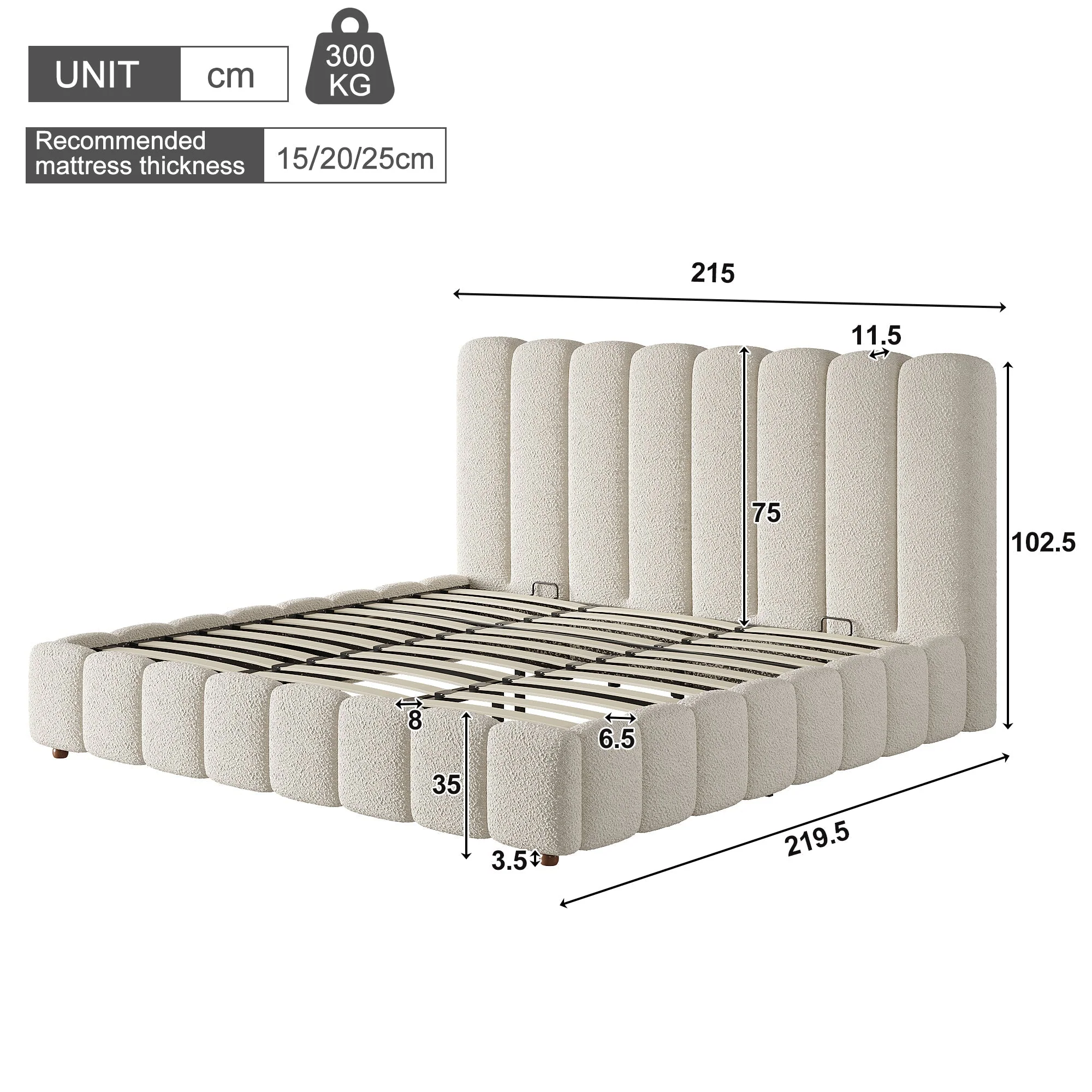 Upholstered Double Bed with Hydraulic Storage and Slatted Frame, 200x200cm, White Bouclé - Image 7