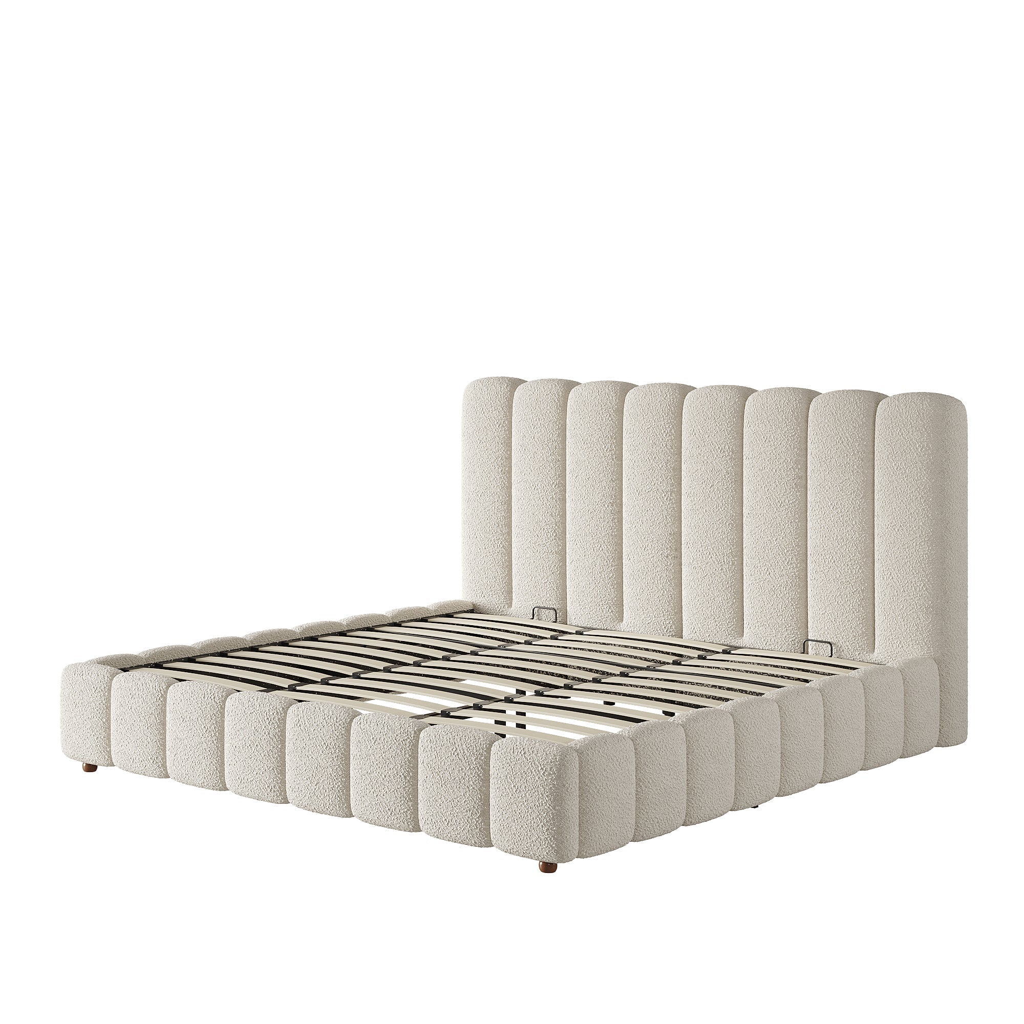 Upholstered Double Bed with Hydraulic Storage and Slatted Frame, 200x200cm, White Bouclé - Image 9