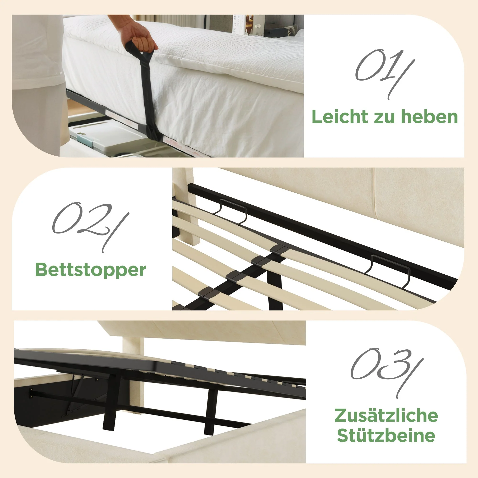 Upholstered Double Bed with Hydraulic Storage, LED, and USB Charging, 140x190cm, Beige Velvet - Image 3
