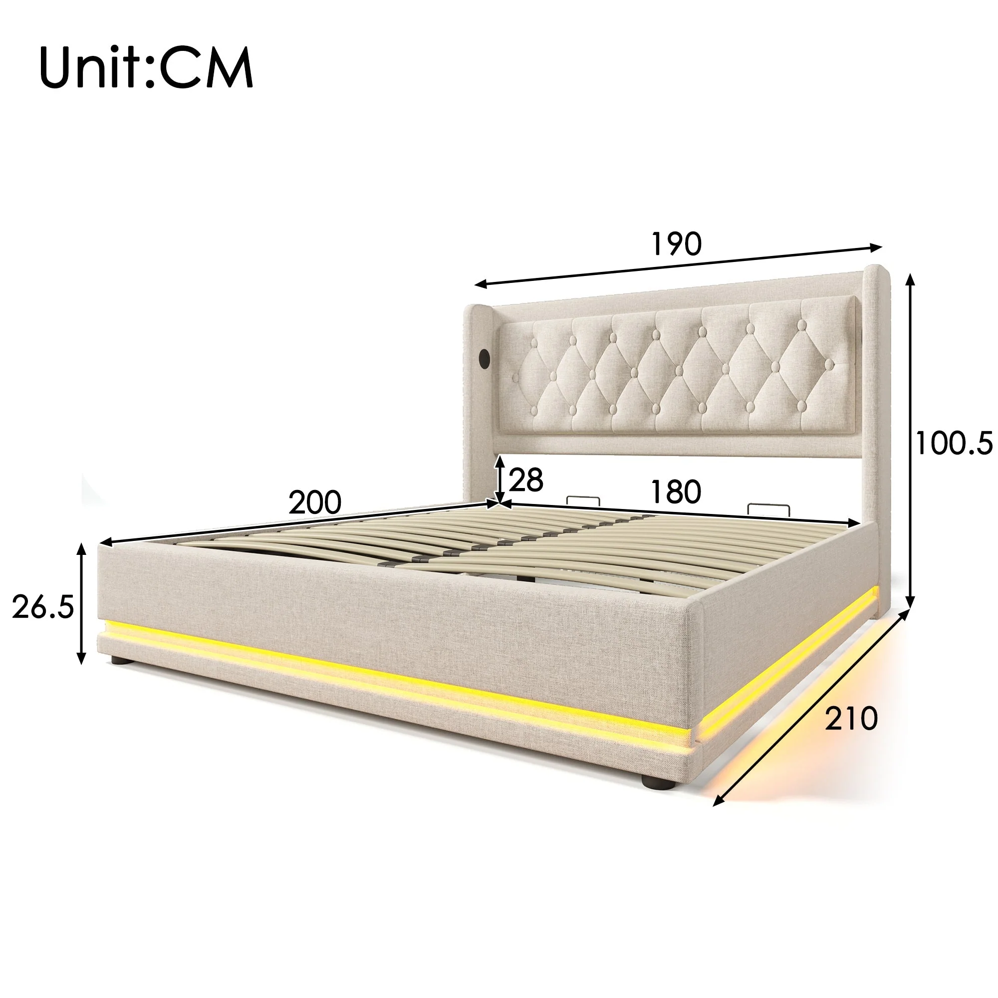 Upholstered Double Bed with Hydraulic Storage, USB and LED, 180x200cm, Beige Cotton - Image 2