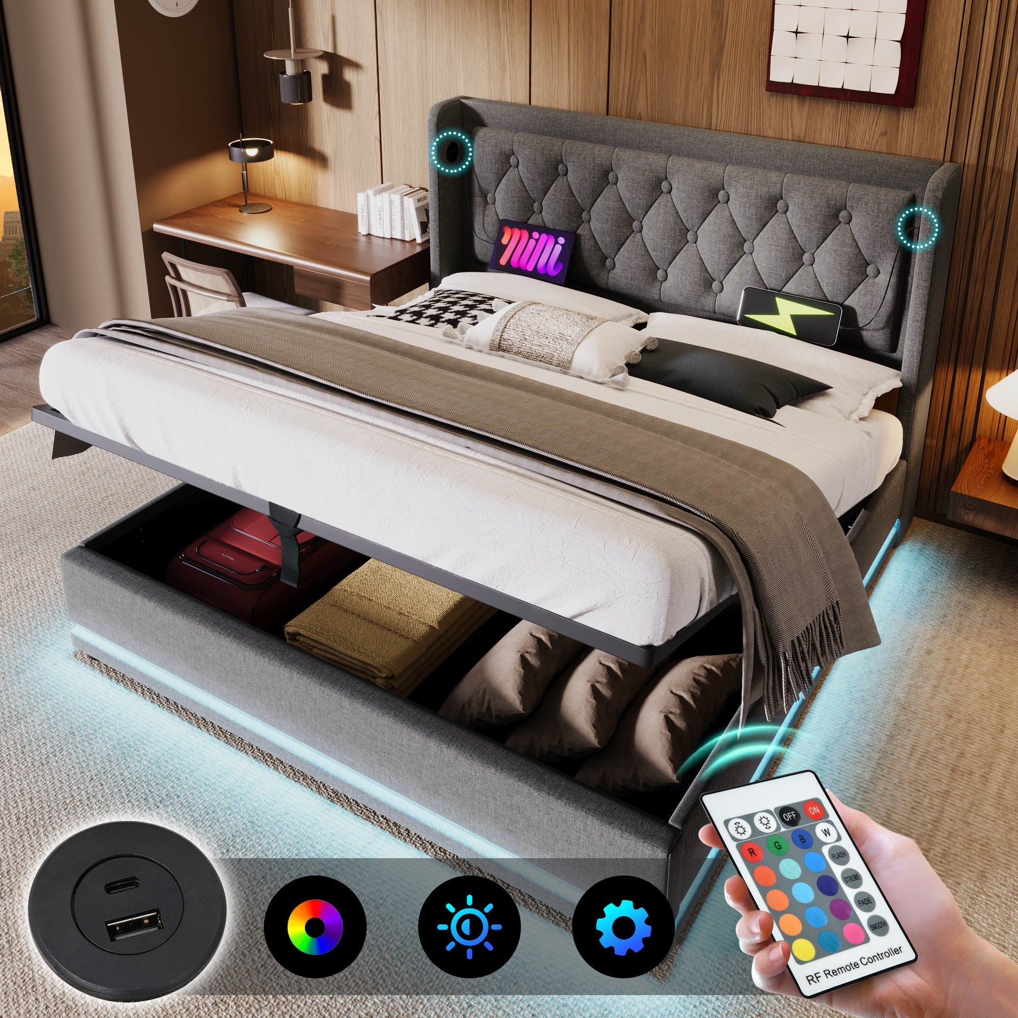 Upholstered Double Bed with Hydraulic Storage, USB Charging and LED, 180x200cm, Grey Cotton