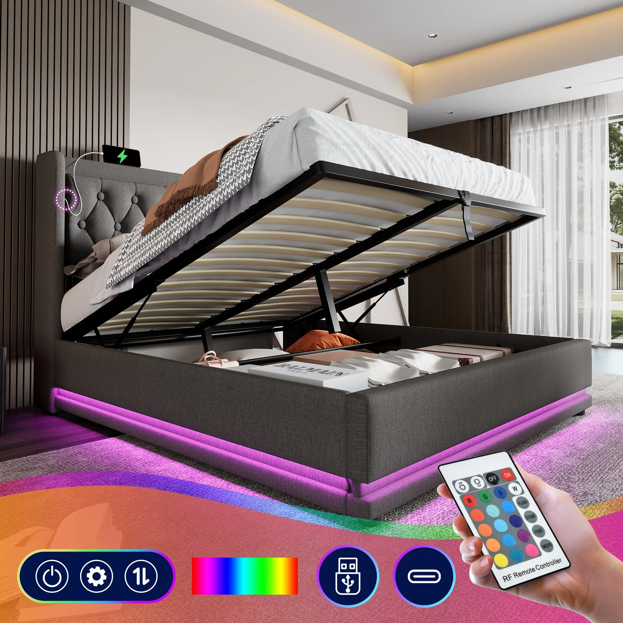 Upholstered Double Bed with Hydraulic Storage, USB Charging and LED, 180x200cm, Grey Cotton - Image 5