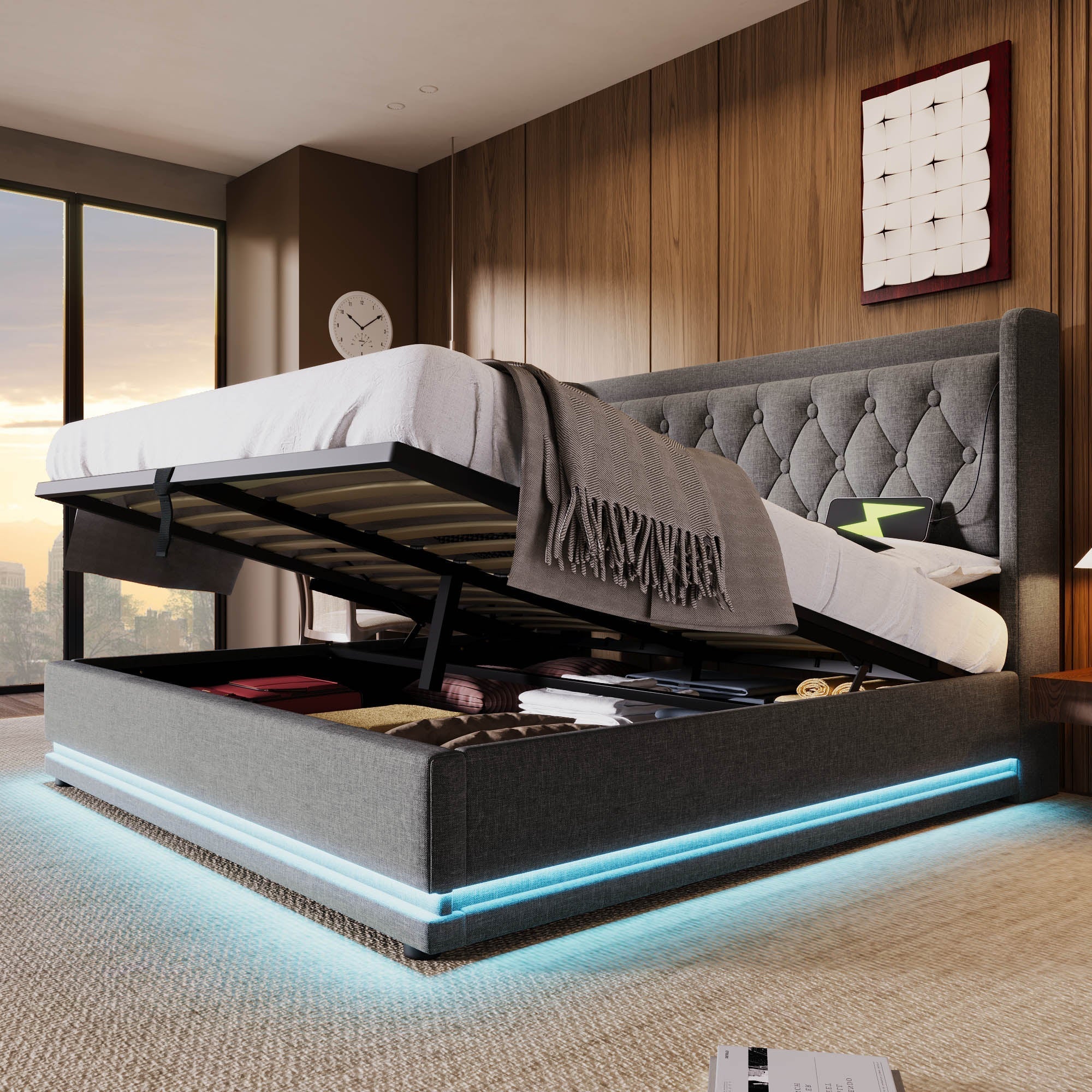 Upholstered Double Bed with Hydraulic Storage, USB Charging and LED, 180x200cm, Grey Cotton - Image 7