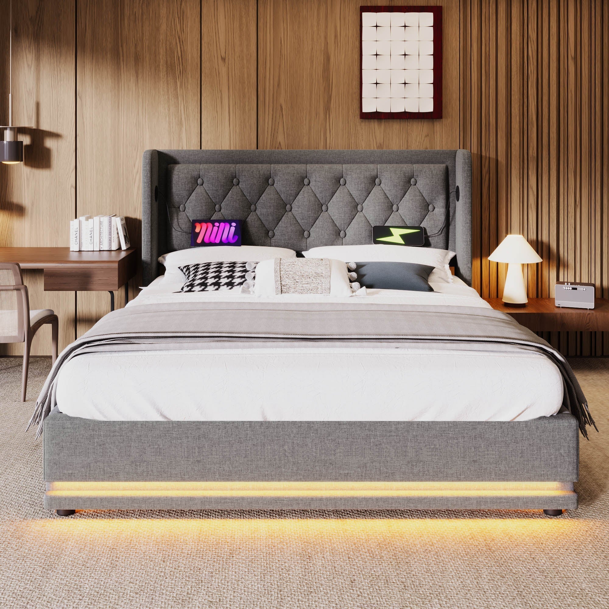 Upholstered Double Bed with Hydraulic Storage, USB Charging and LED, 180x200cm, Grey Cotton - Image 9