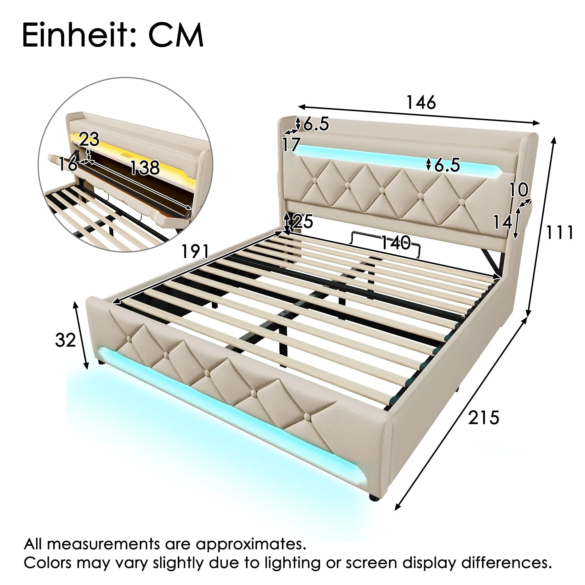 Upholstered Double Bed with Hydraulic Storage, USB Ports and LED Lighting, 140x190cm, Beige Linen - Image 2