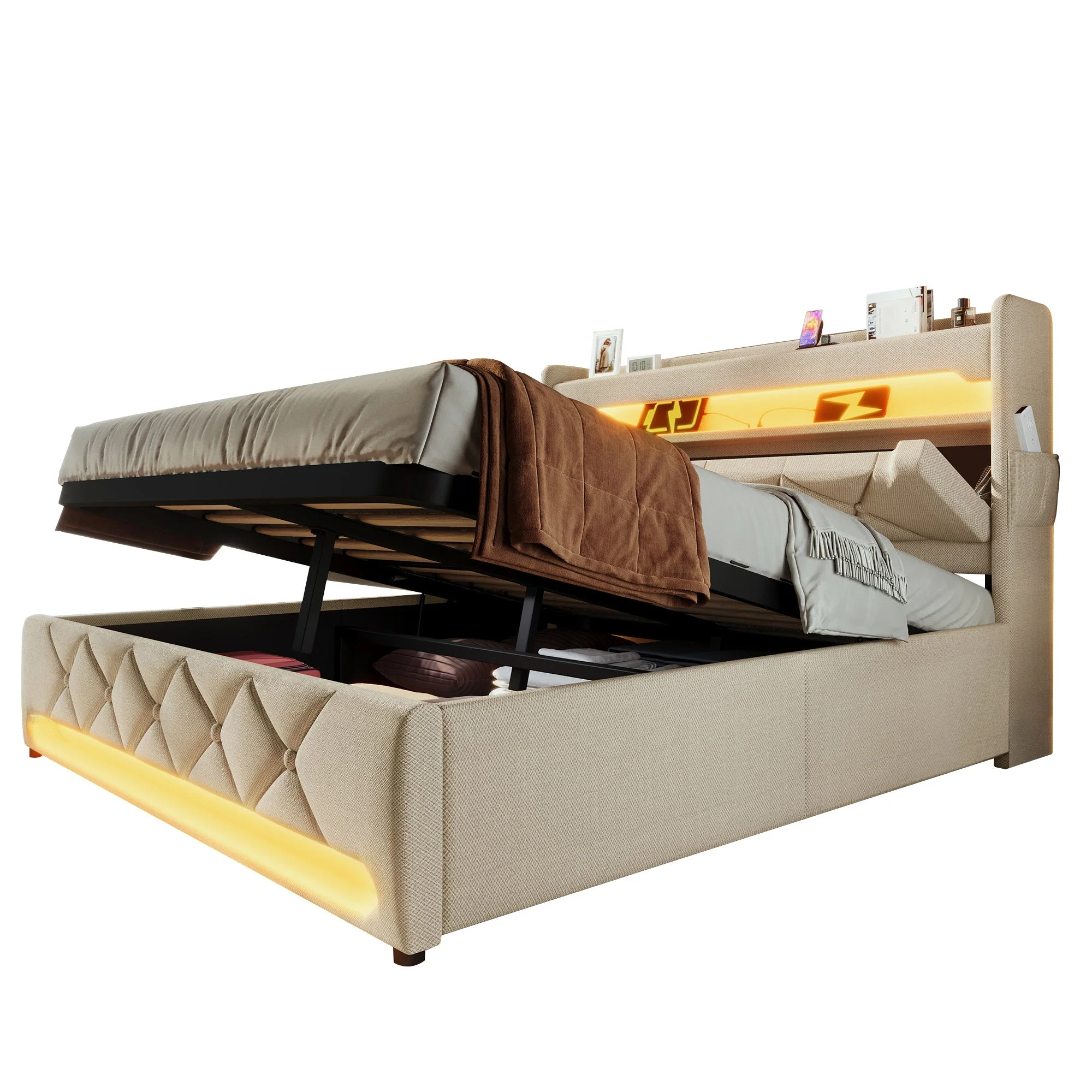 Upholstered Double Bed with Hydraulic Storage, USB Ports and LED Lighting, 140x190cm, Beige Linen - Image 9