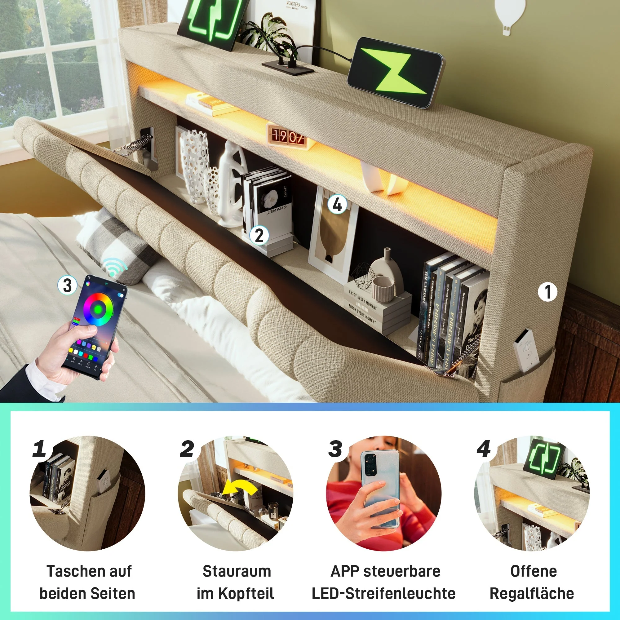 Upholstered Double Bed with Hydraulic Storage, USB, Type-C and LED Lighting, 140x190cm, Beige Linen - Image 5