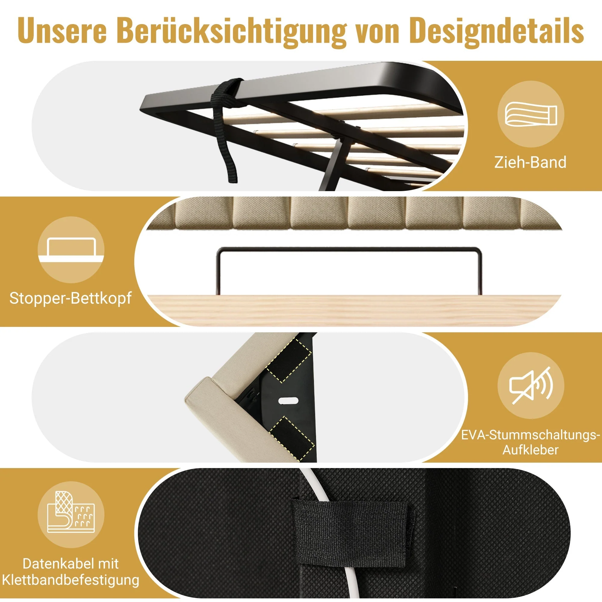 Upholstered Double Bed with Hydraulic Storage, USB, Type-C and LED Lighting, 140x190cm, Beige Linen - Image 8