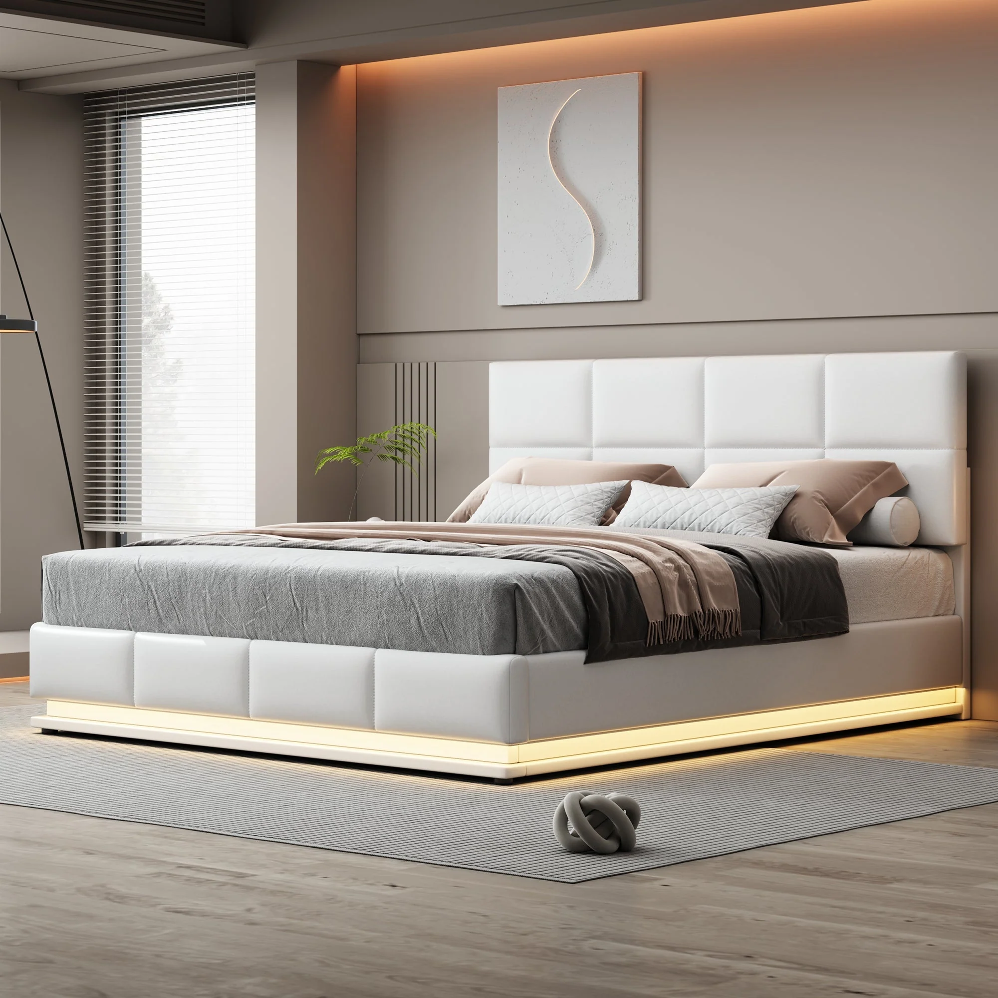 Upholstered Double Bed with LED Light Strip, 180 x 200 cm, White/Gray Faux Leather - Image 4