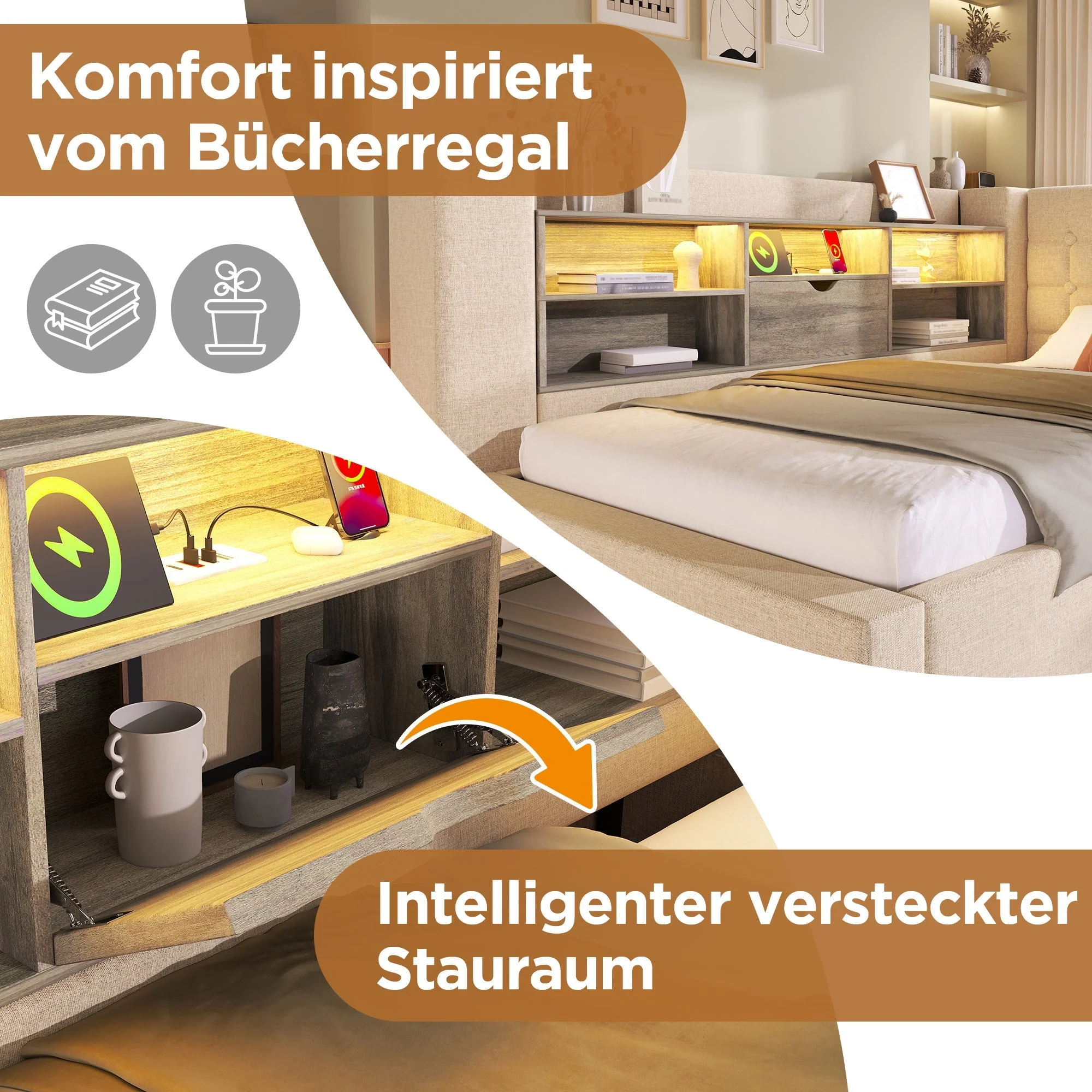 Upholstered Double Bed with LED Lighting, Hydraulic Storage and L-shaped Headboard, 140x200cm, Beige Linen - Image 5