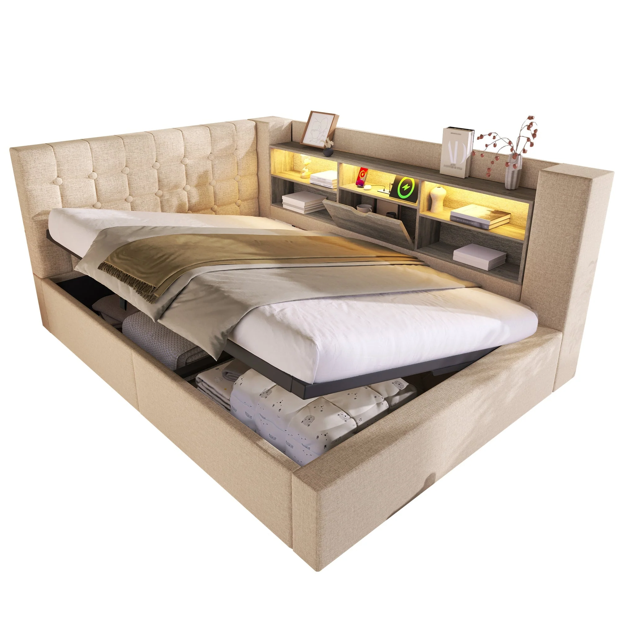 Upholstered Double Bed with LED Lighting, Hydraulic Storage and L-shaped Headboard, 140x200cm, Beige Linen - Image 7
