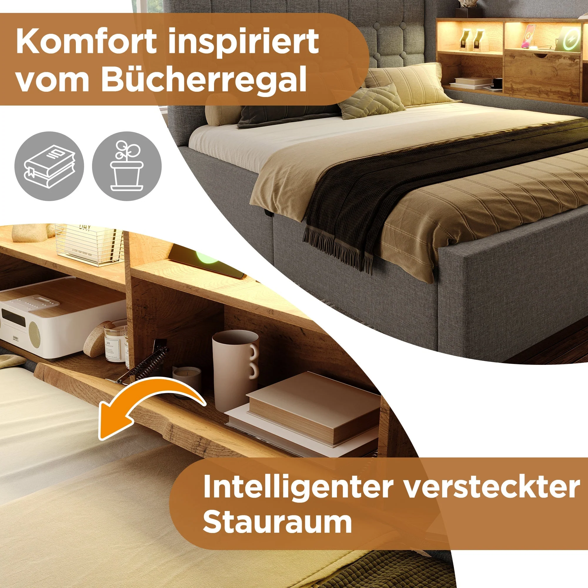 Upholstered Double Bed with LED Lighting, Hydraulic Storage and L-Shaped Headboard, 140x200cm, Grey Linen Fabric - Image 6