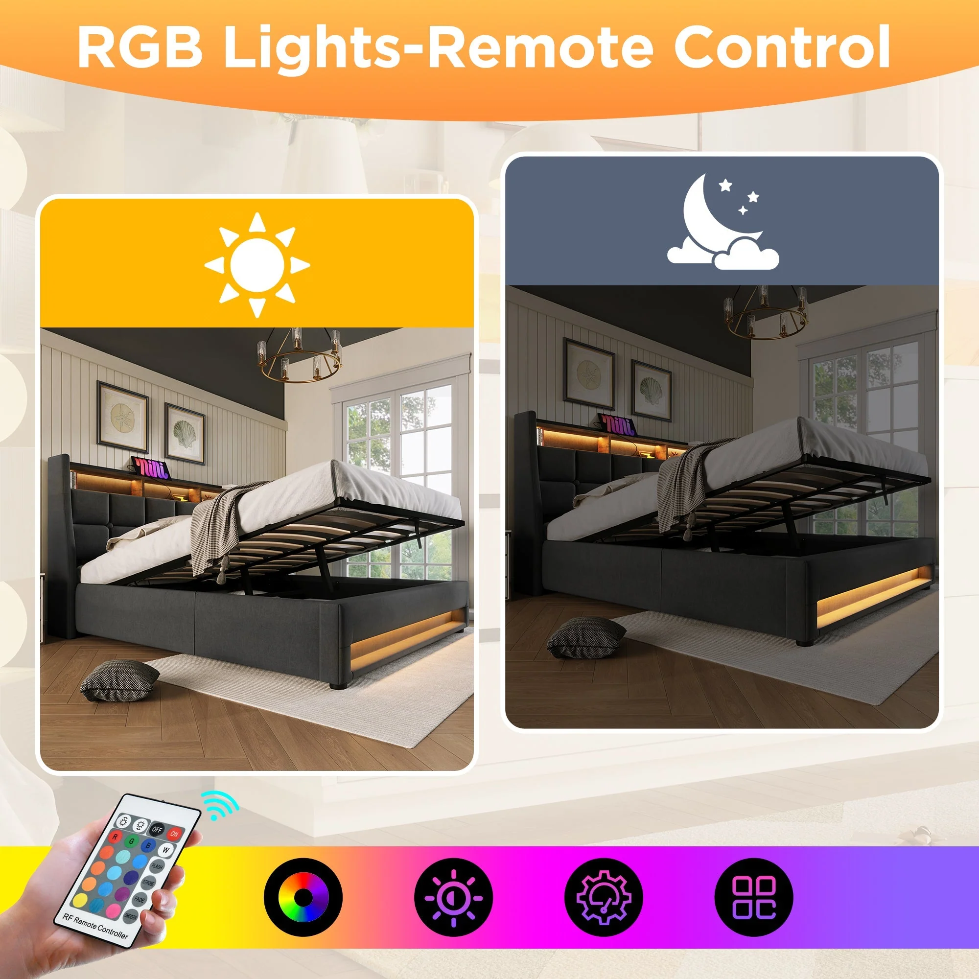 Upholstered Double Bed with LED Lighting, USB-C Charging, Storage Headboard, 6FT Super King Size, Linen, Grey - Image 4