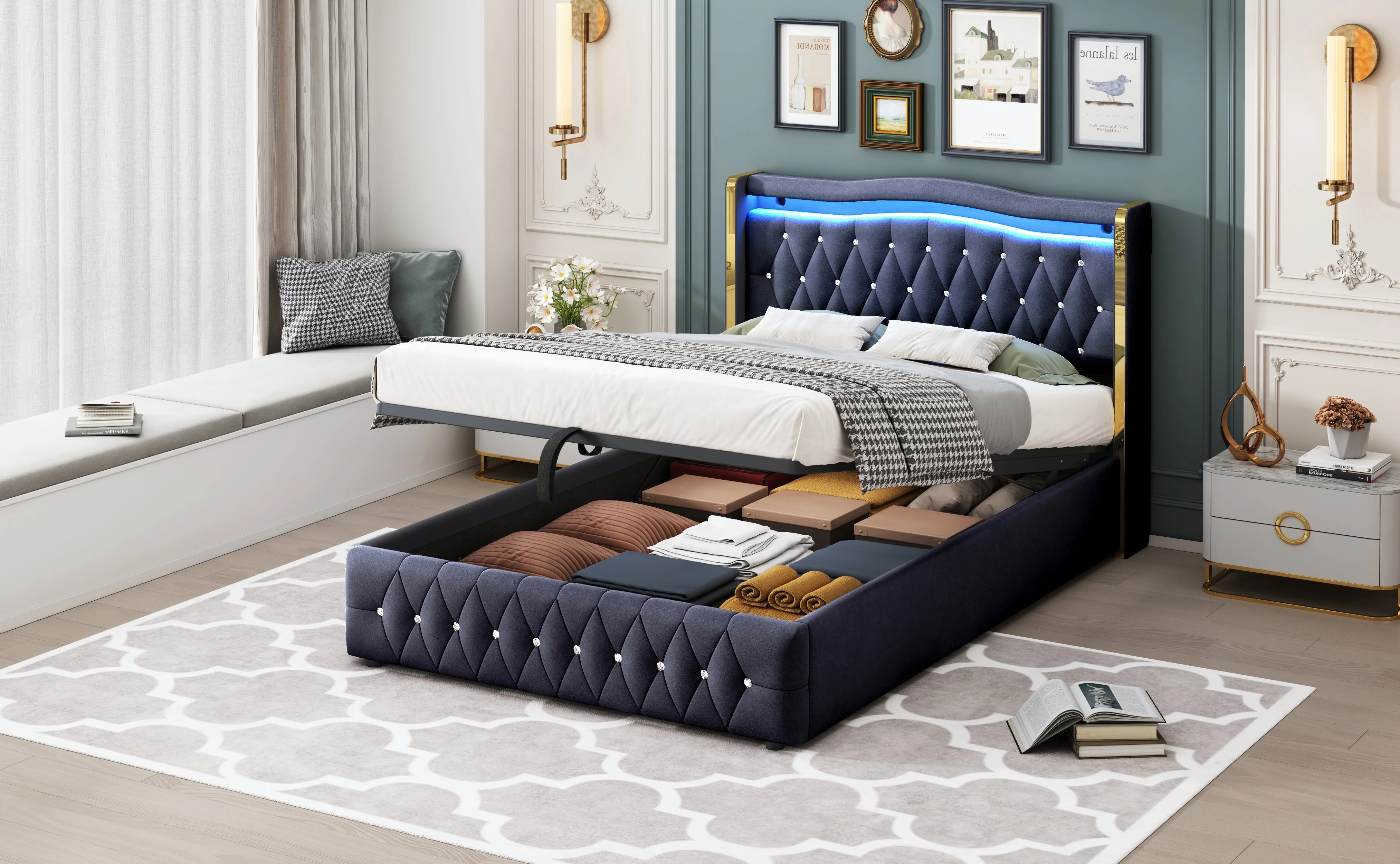 Upholstered Double Bed with LED Lights and Hydraulic Storage, Velvet - Image 7