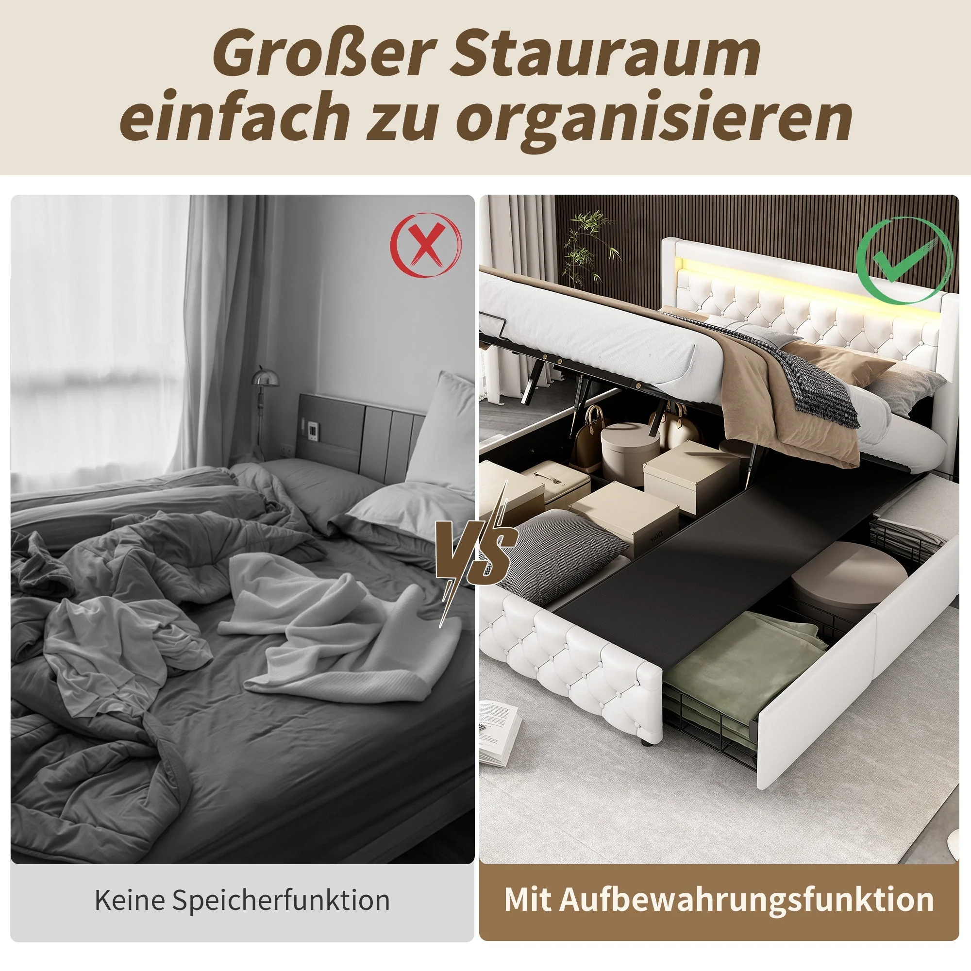 Upholstered Double Bed with LED Lights, Drawers and Slatted Frame, 160x200cm, White PU - Image 6