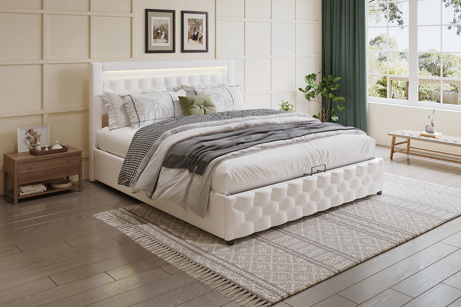 Upholstered Double Bed with LED Lights, Drawers and Slatted Frame, 160x200cm, White PU - Image 9