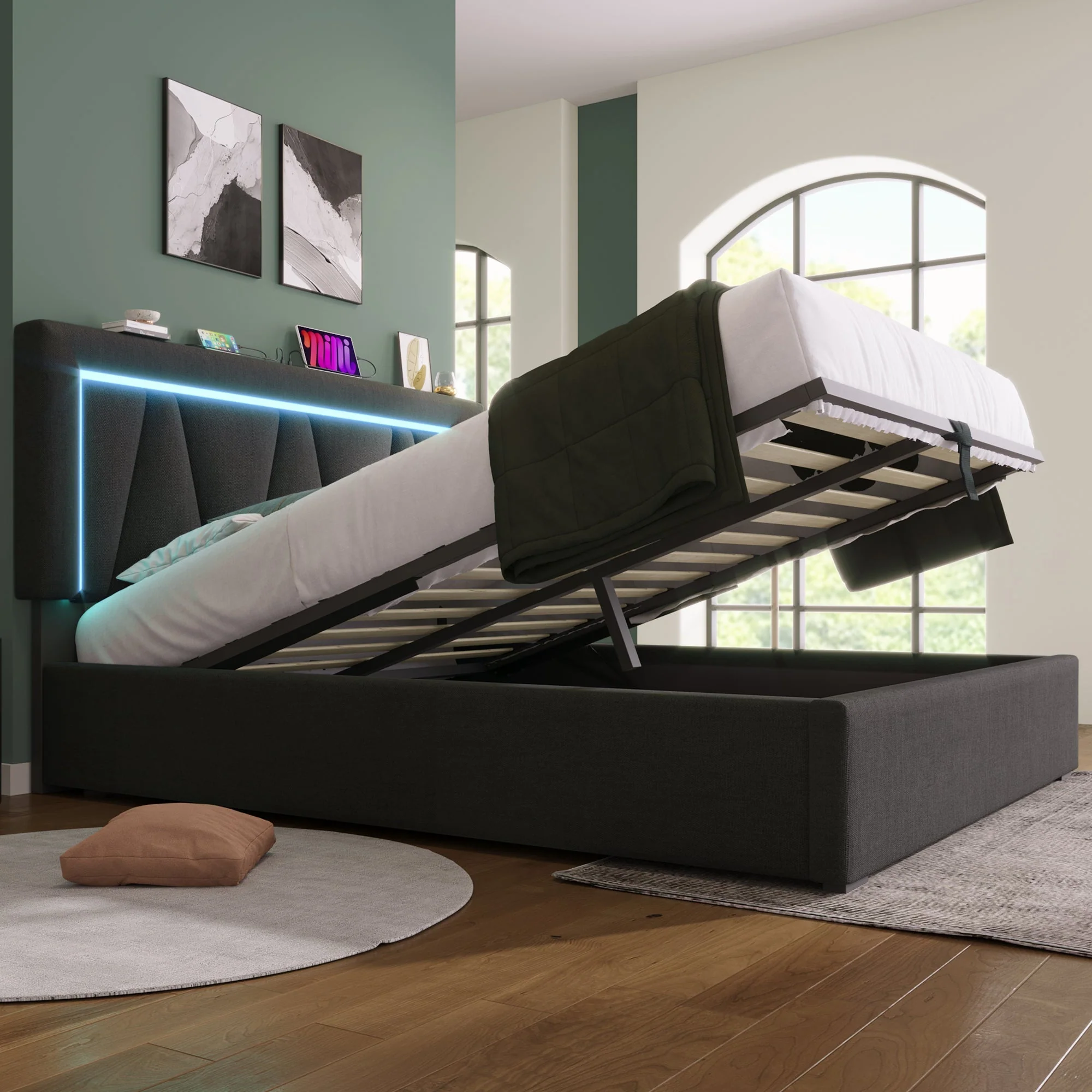Upholstered Double Bed with LED, USB-C Charging and Storage, 160x200cm, Grey Linen (With Mattress) - Image 7