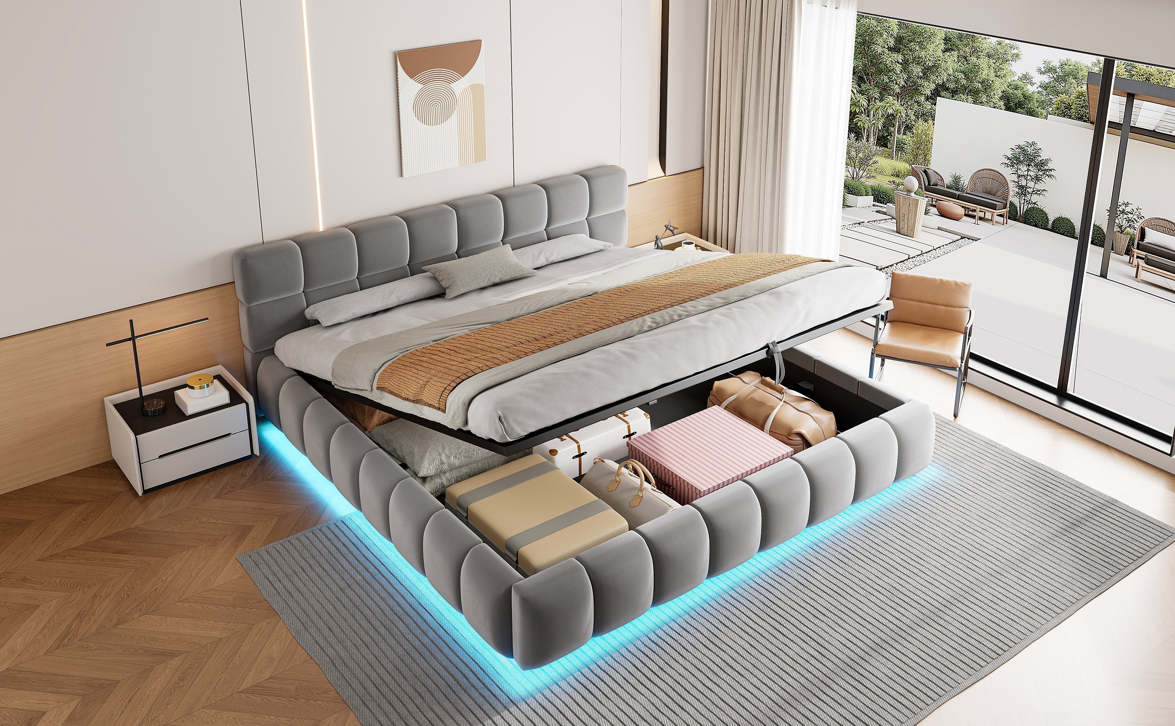 Upholstered Double Bed with Light Strip and Hydraulic Storage, 180x200cm, Grey Velvet - Image 6
